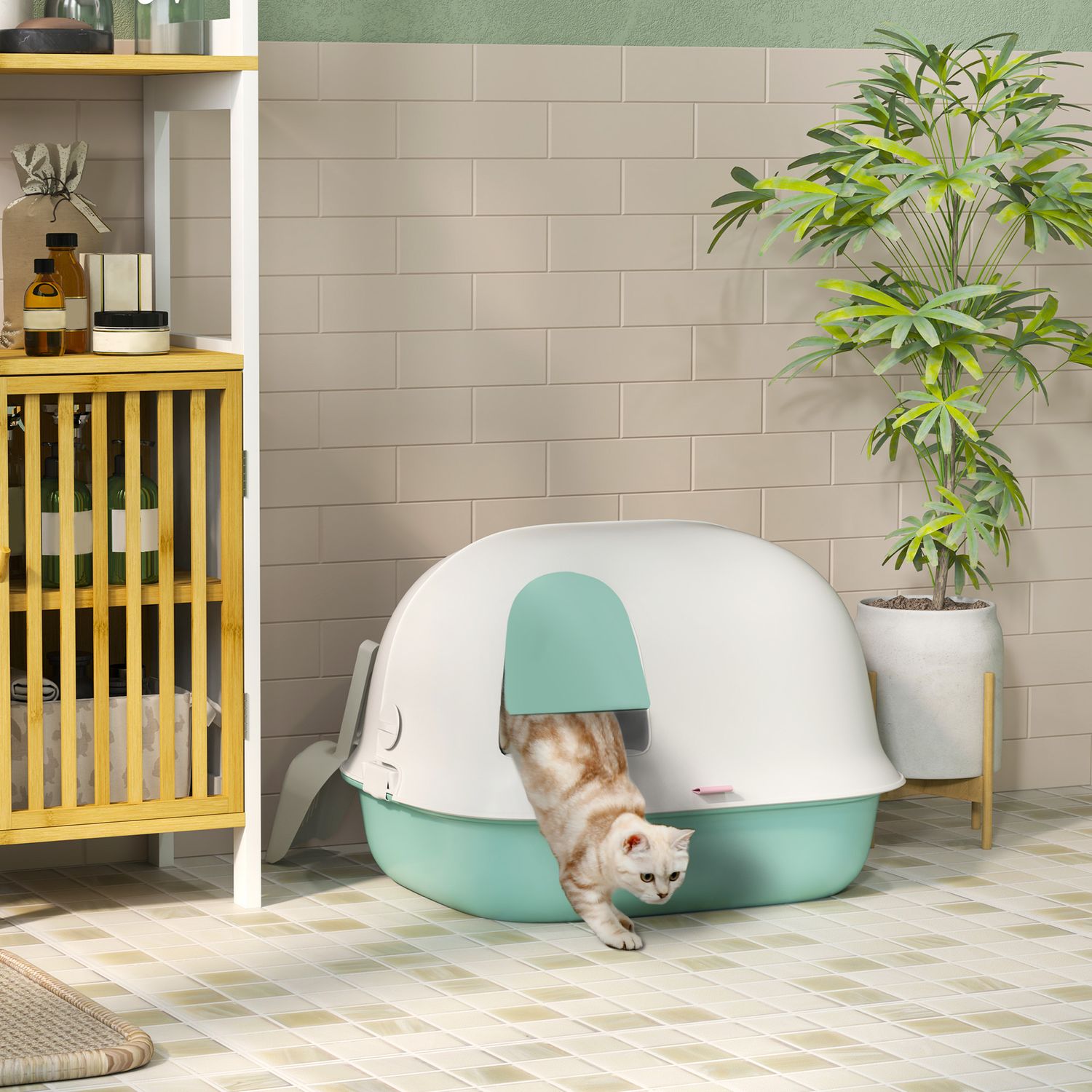 Bijgevoegde groene kattenbak met zeef en deksel