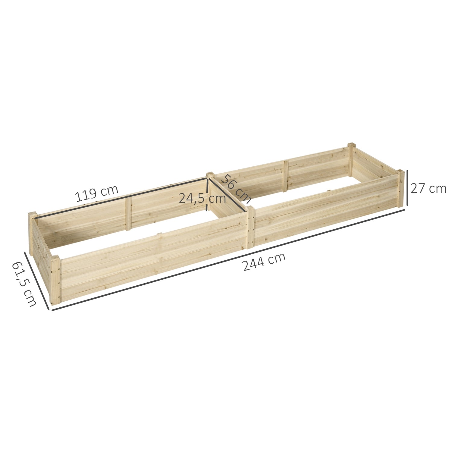 Houten bloembak met twee plantsecties, 244x61,5x27cm