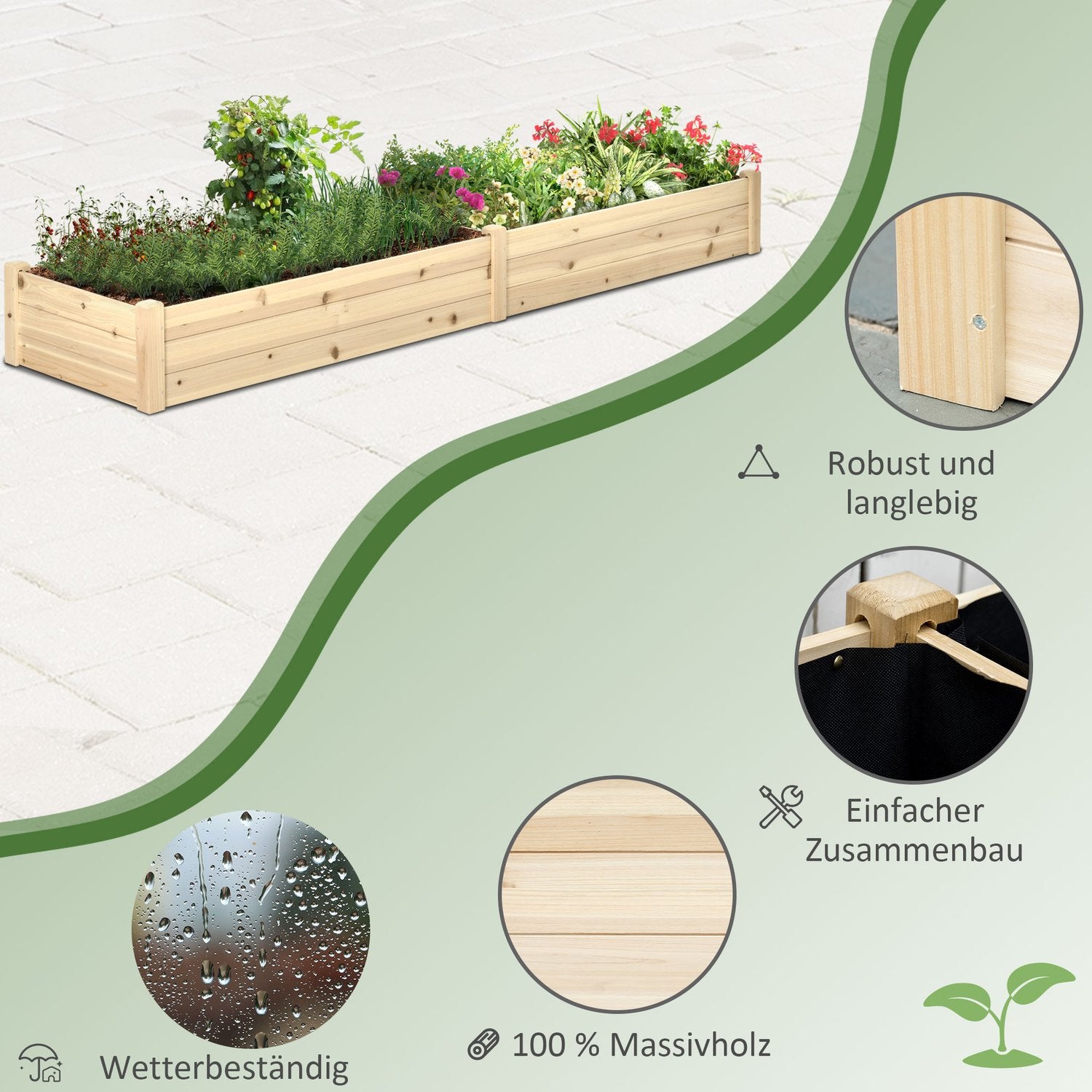 Houten bloembak met twee plantsecties, 244x61,5x27cm
