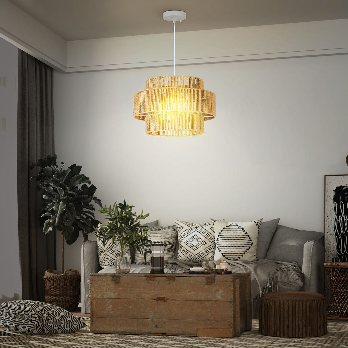 Boho Hennep Touw Hanglamp – E27, lichtbruin, keuken/eetkamer
