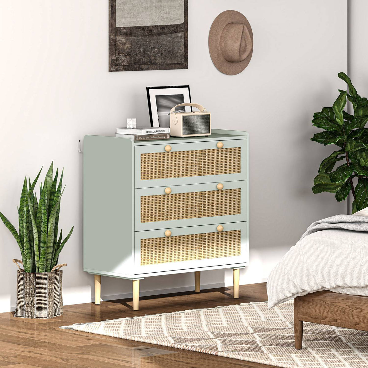 Boho Rattan ladekast, dressoir met 3 laden, lichtblauw