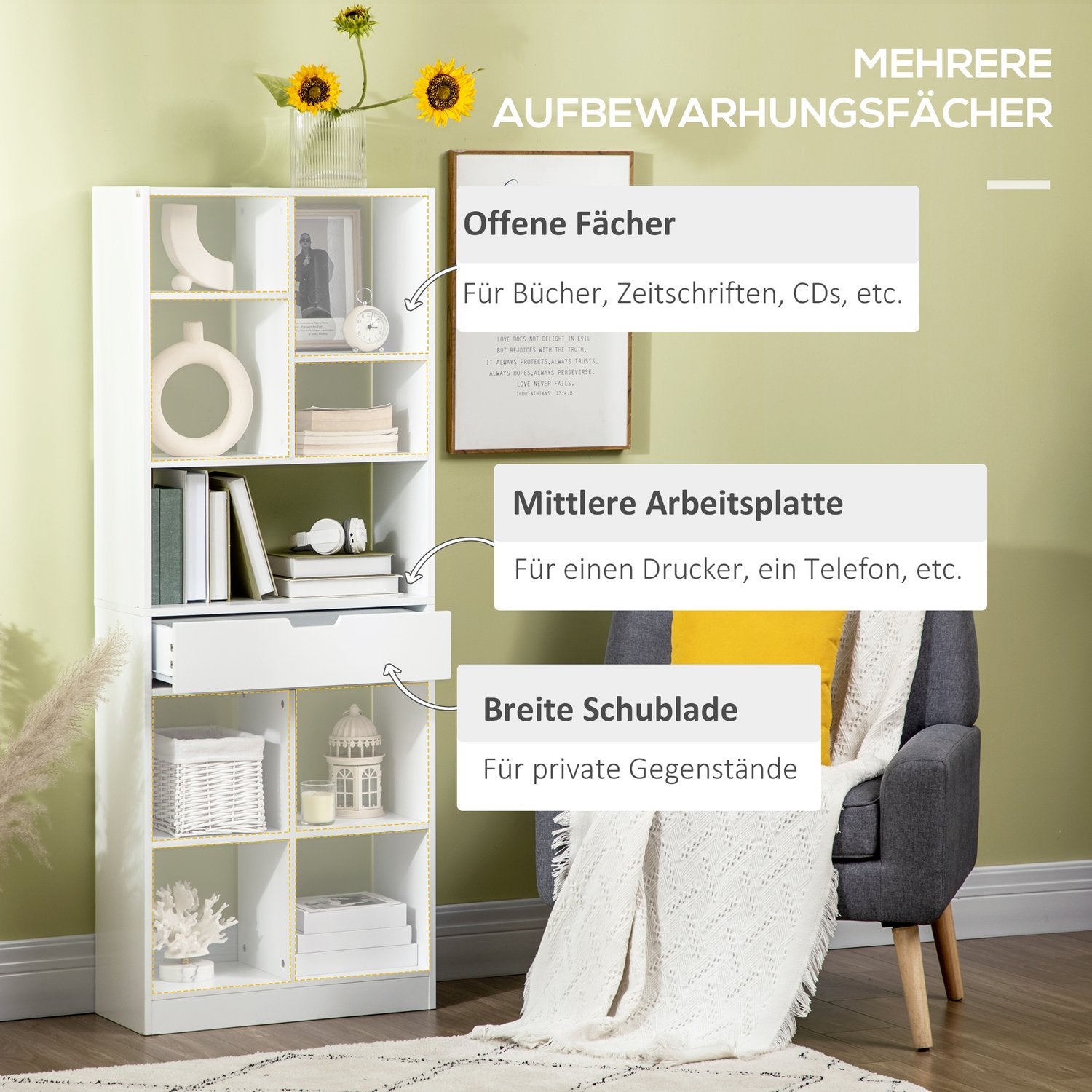 Boekenkast met 9 schappen en lade – anti-kantelbeveiliging, wit