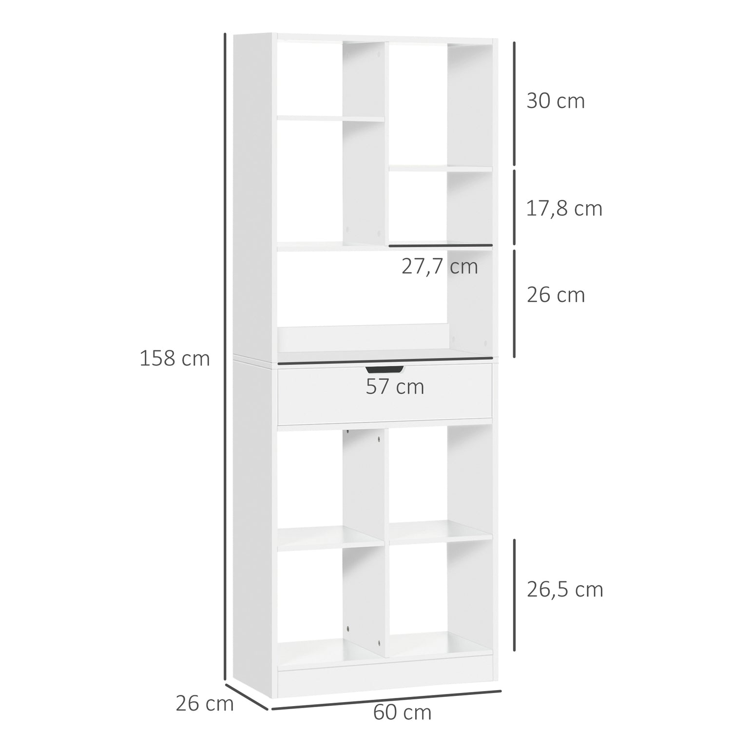 Boekenkast met 9 schappen en lade – anti-kantelbeveiliging, wit