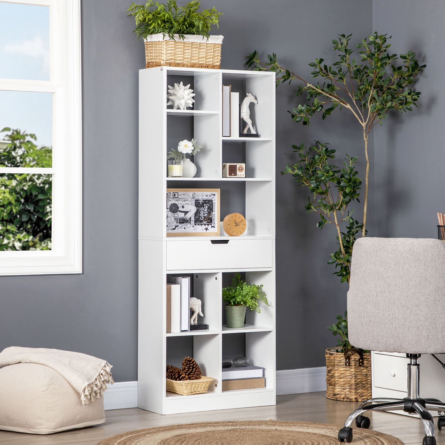 Boekenkast met 9 schappen en lade – anti-kantelbeveiliging, wit
