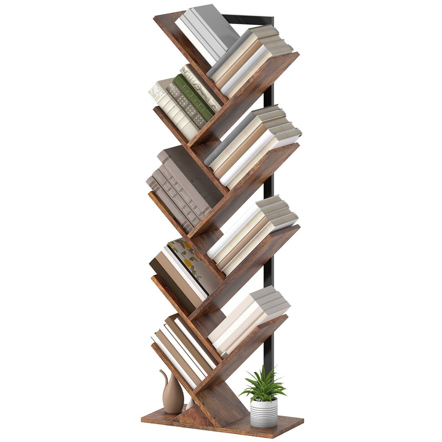 Bokhylla med 9 våningar, träddesign, rustik brun