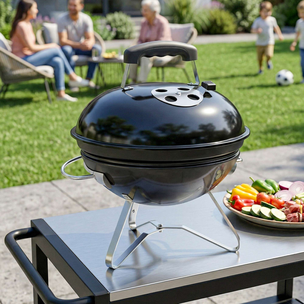 Draagbare houtskoolbarbecue met deksel en ventilatie, 41 cm
