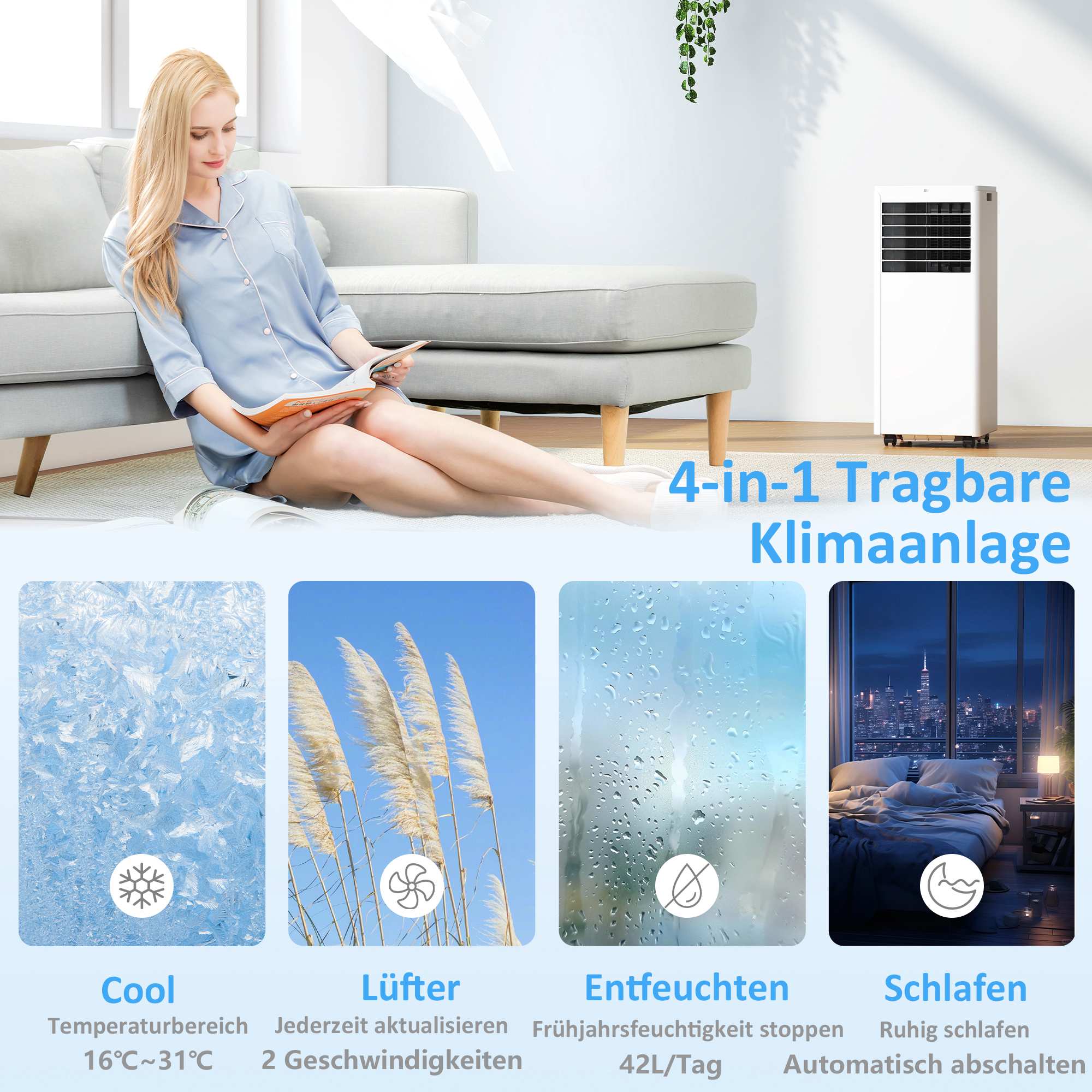 Bärbar luftkonditionering 9000 BTU, 4-i-1-kylenhet