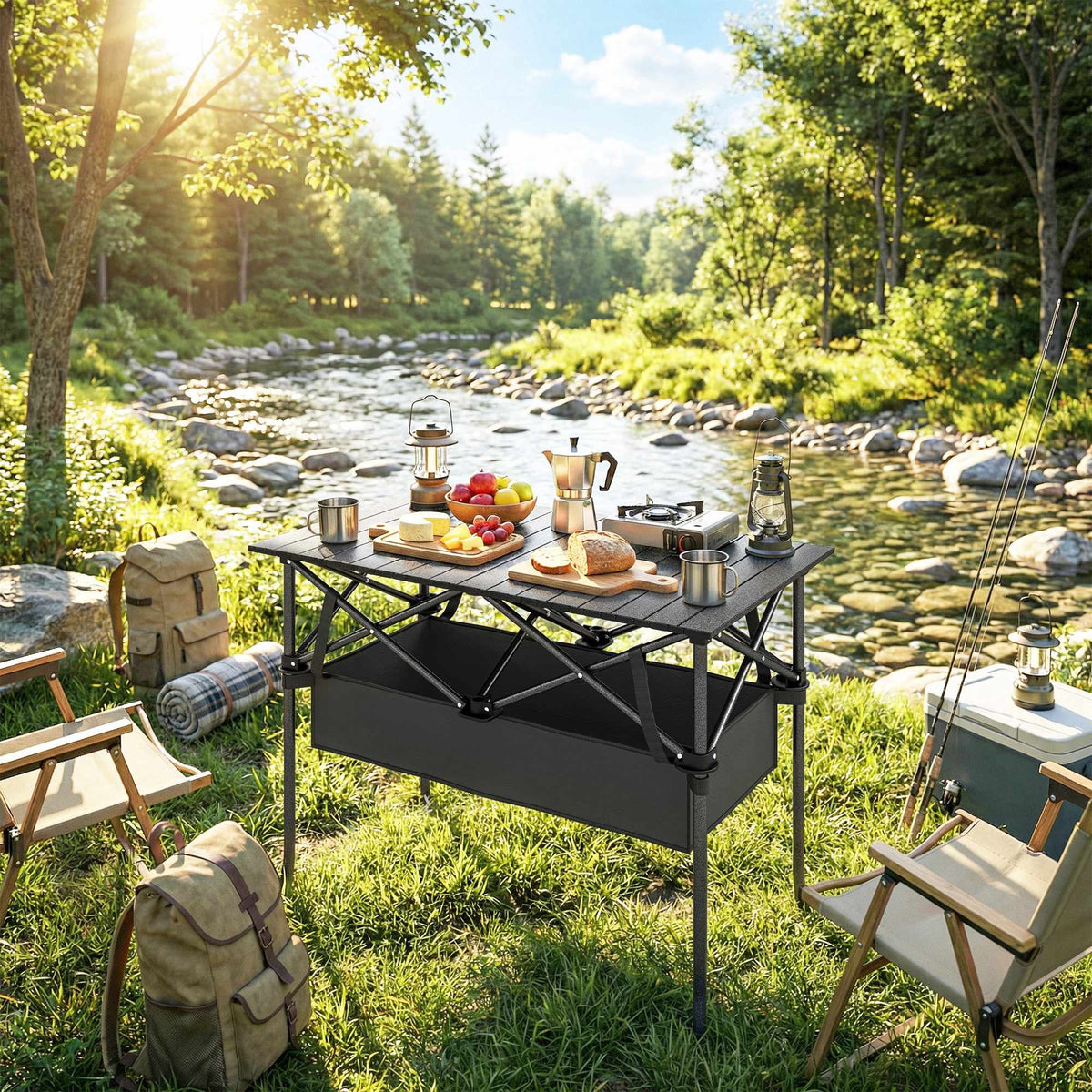 Draagbare opvouwbare campingtafel met netopbergruimte, zwart