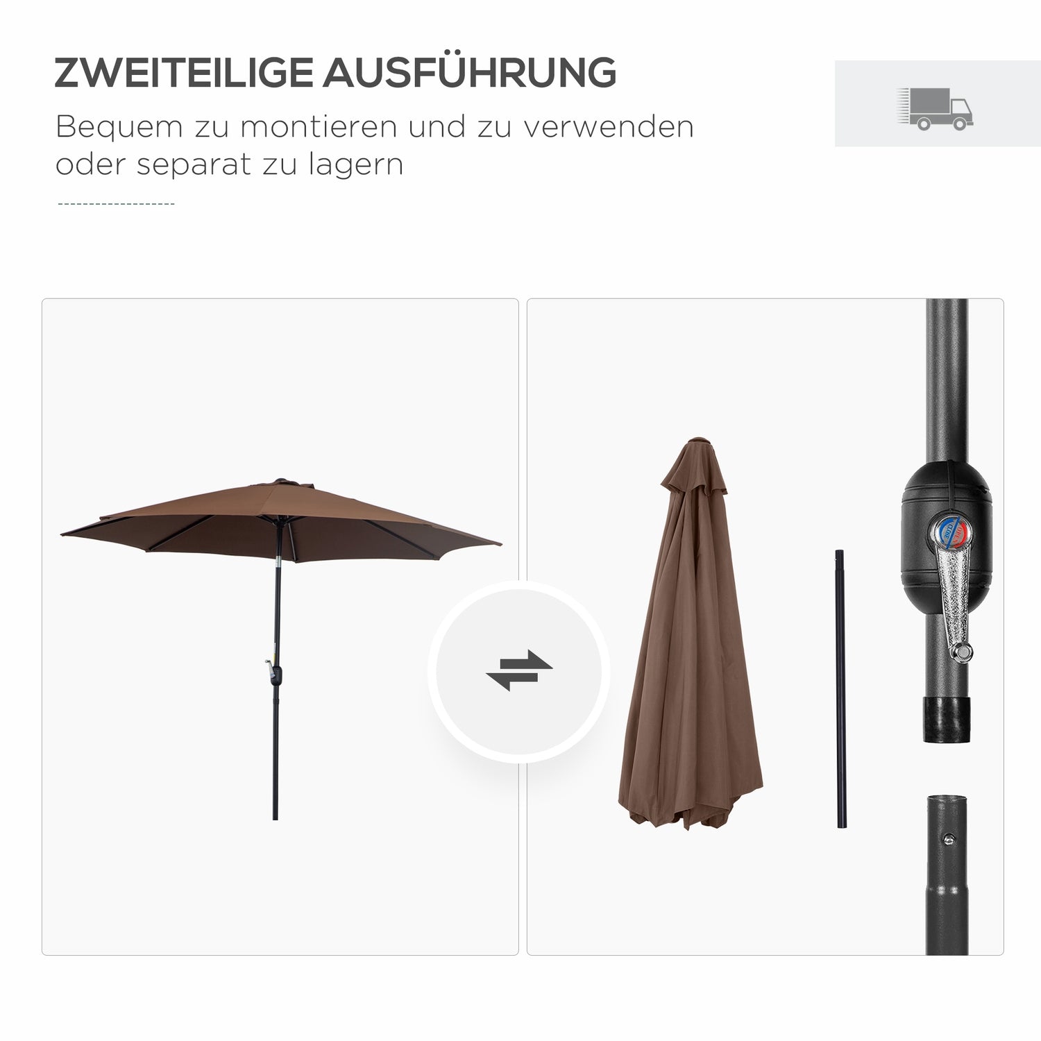 Bruine Marktpaviljoen Parasol Met Zwengel, Ø2,95m, Duurzaam Polyester