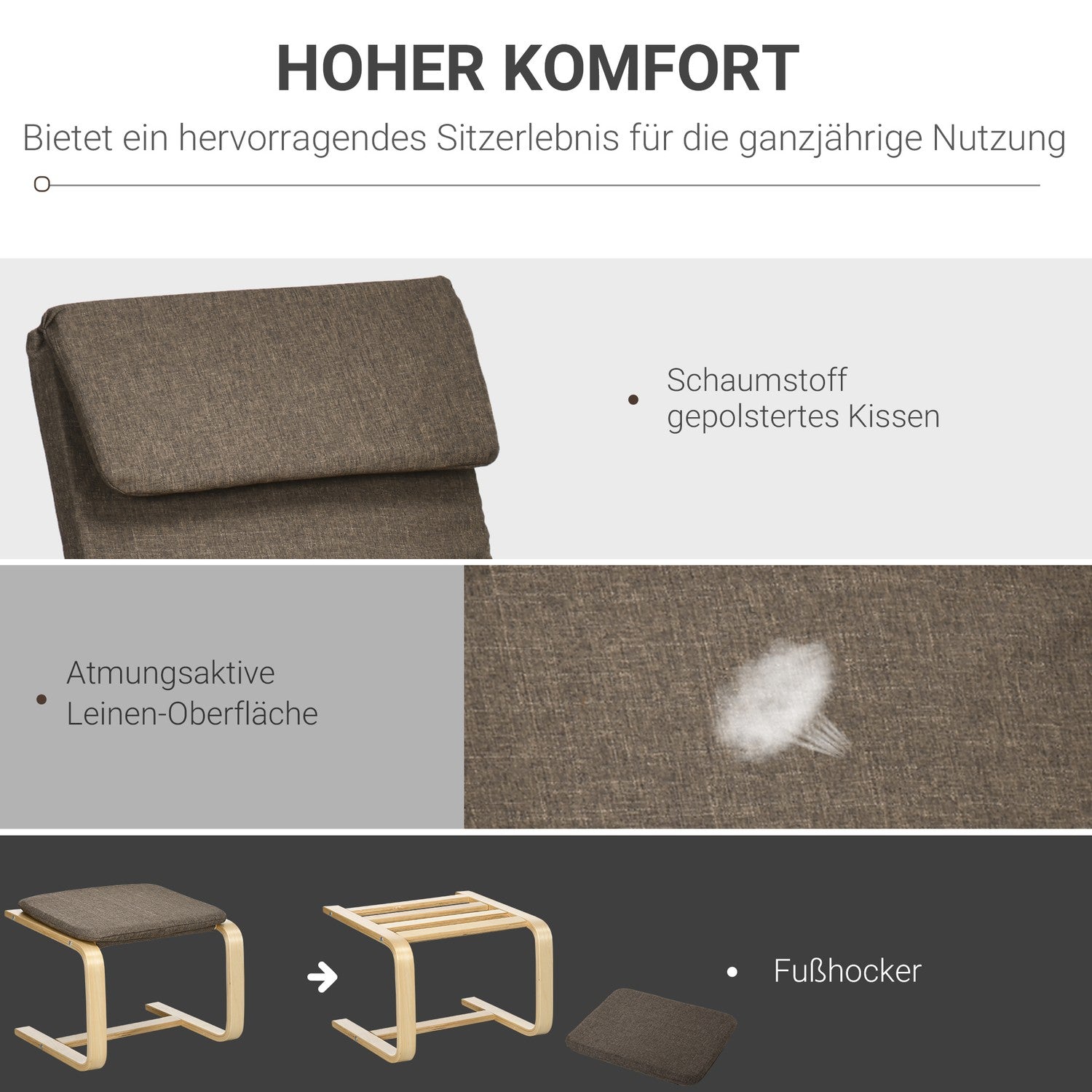 Bruine relaxstoel & voetenbank, linnen bekleding, 67x72x100 cm