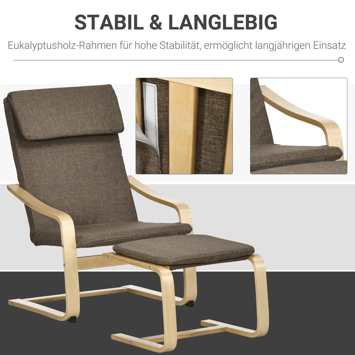 Bruine relaxstoel & voetenbank, linnen bekleding, 67x72x100 cm