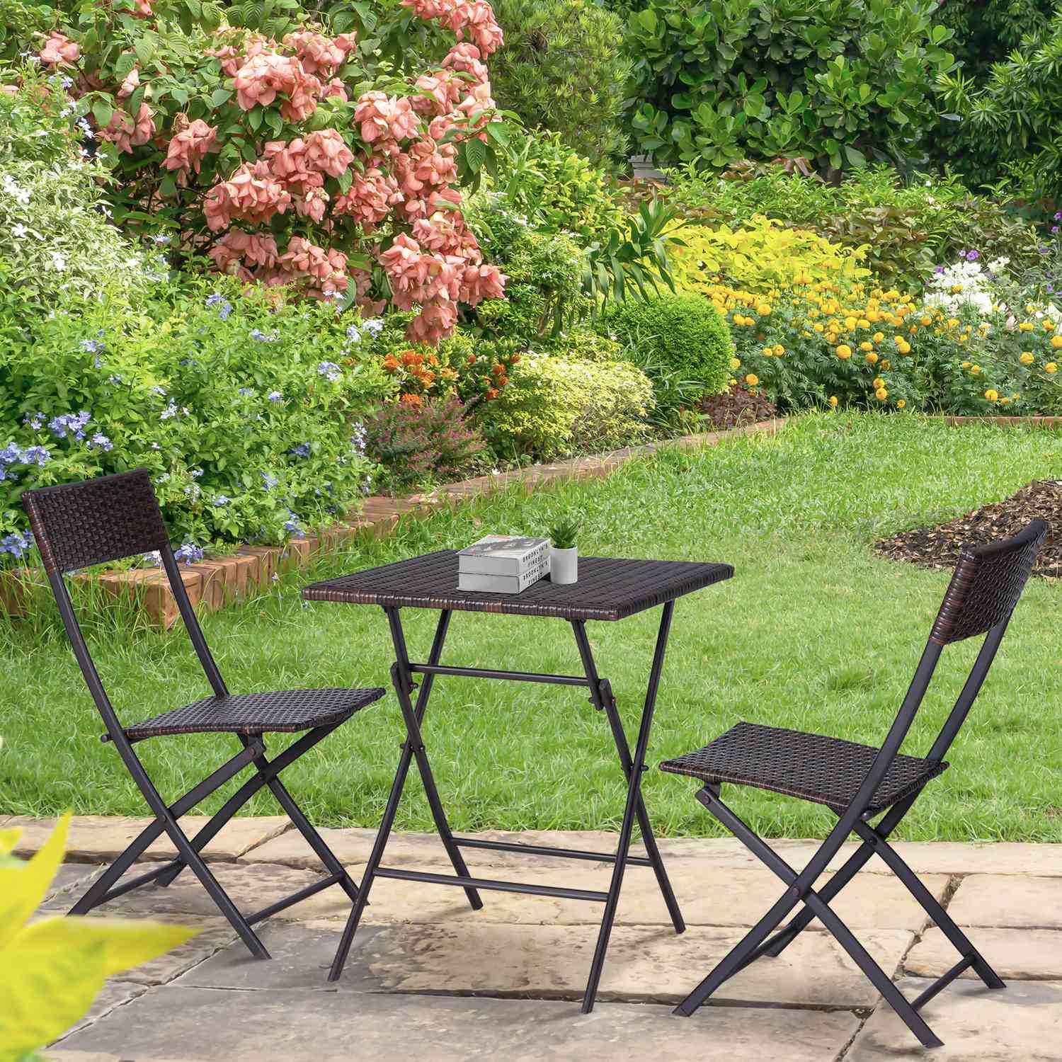 Bruine polyrotan bistroset voor 2 – Tuinmeubelen voor buiten