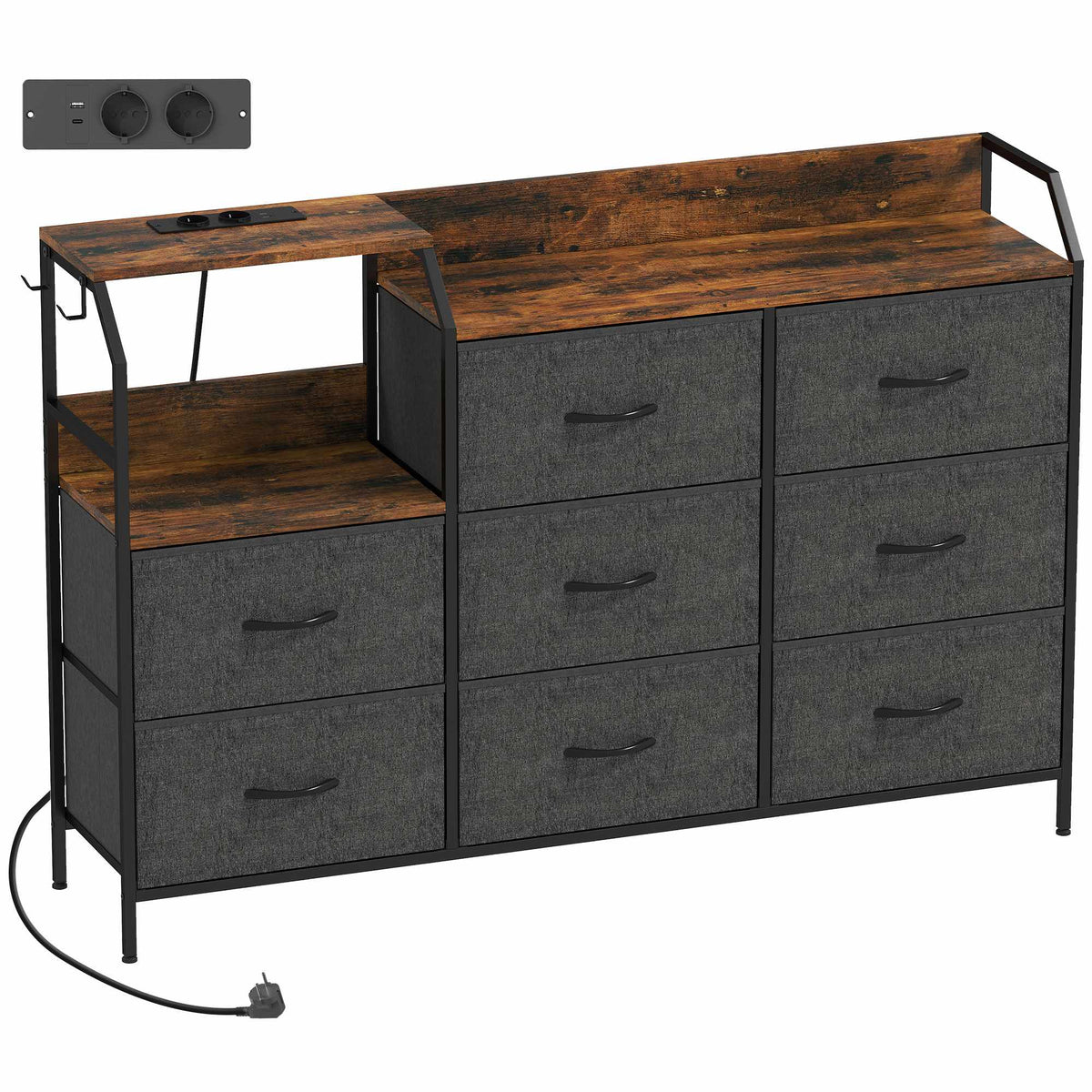 Ladekast met 8 stoffen lades, stalen frame, laadstation