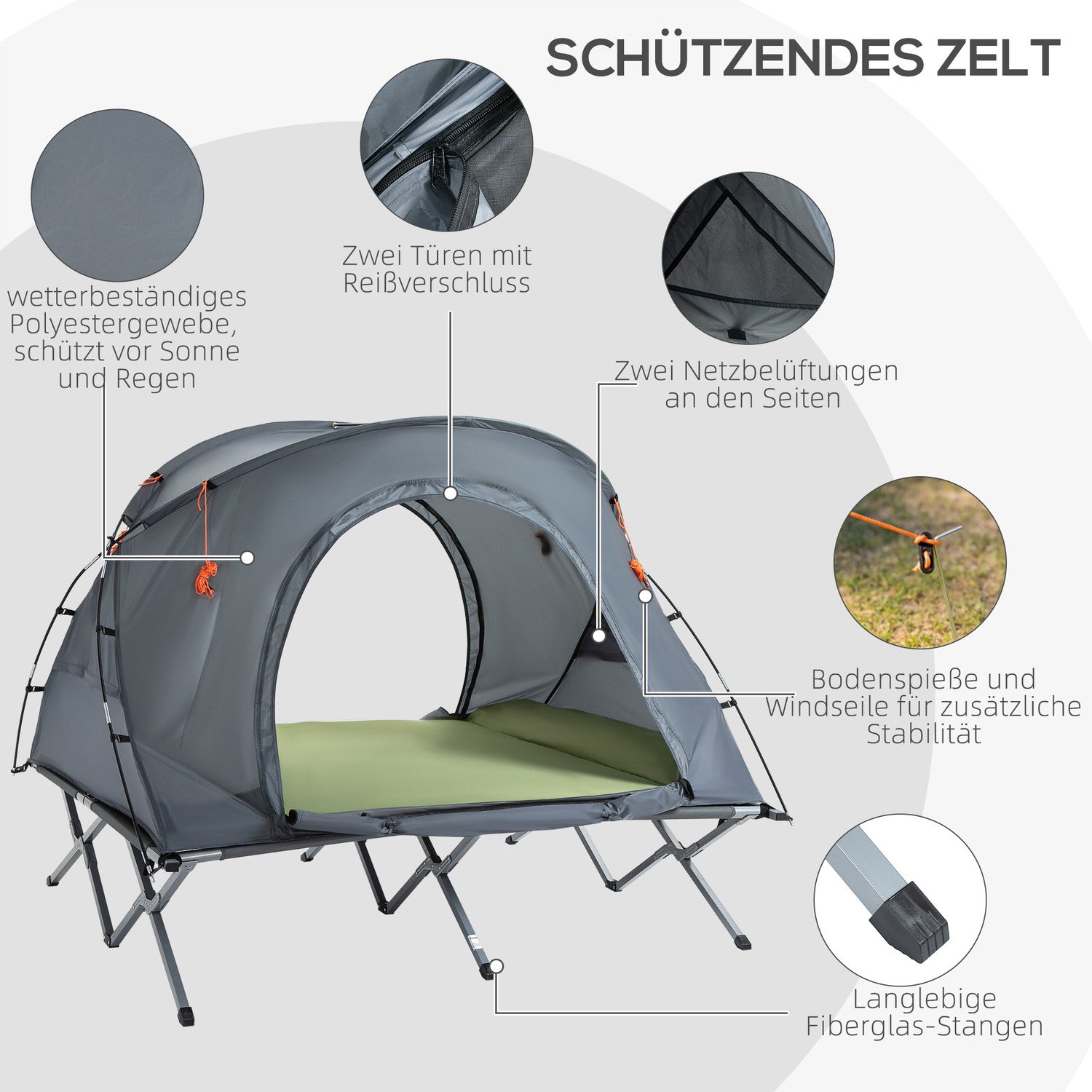 Camping koepeltent met luchtmatras, 2 personen, grijs