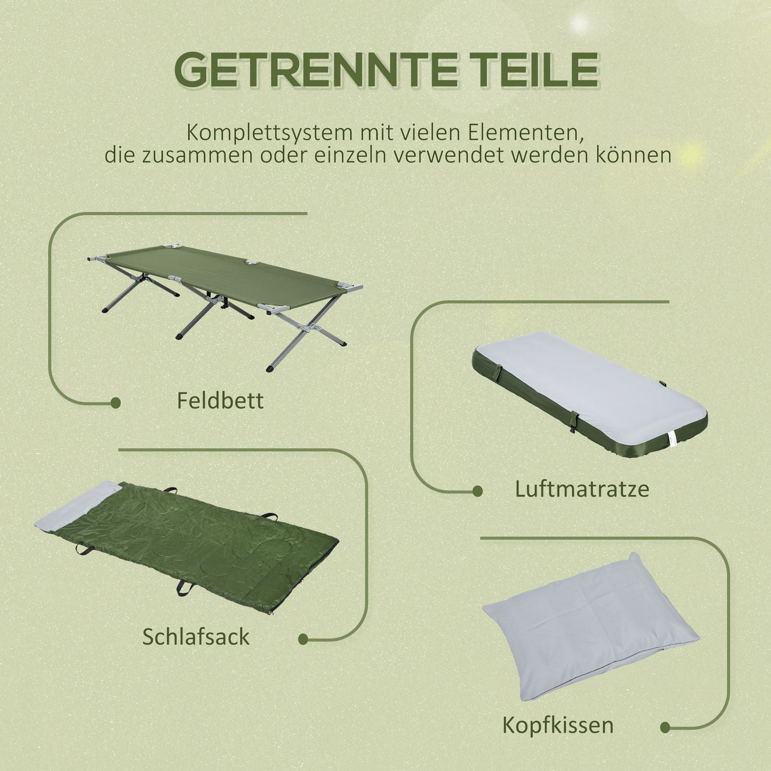 Campingbed met kussen, opvouwbaar, draagvermogen 120 kg, groen