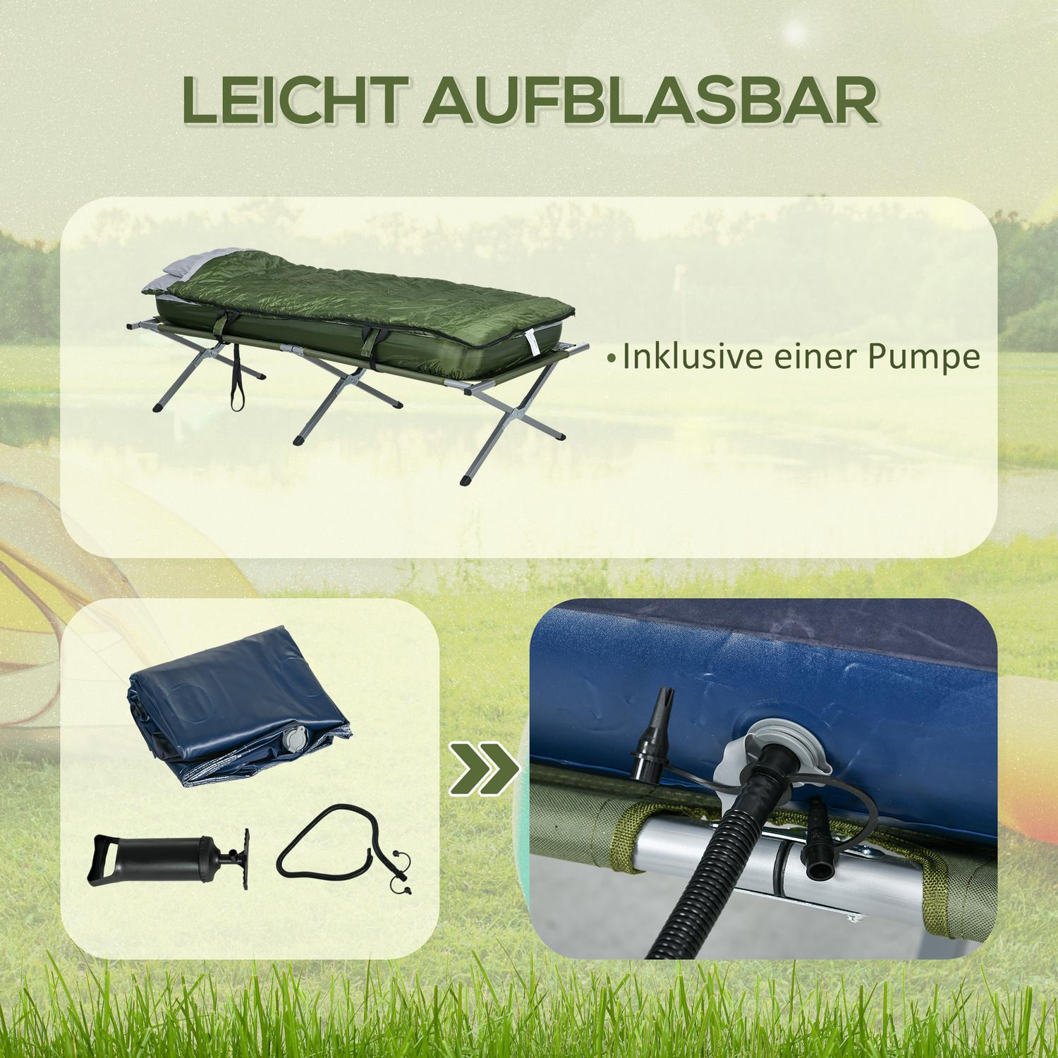 Campingbed met kussen, opvouwbaar, draagvermogen 120 kg, groen