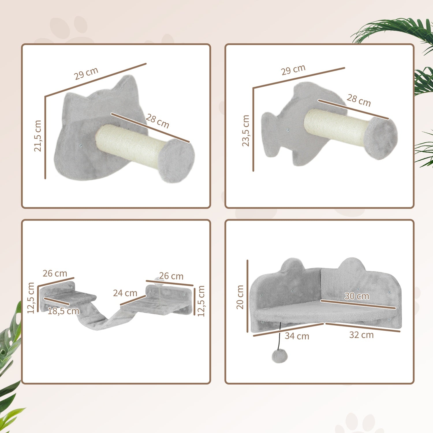 Cat Climbing Wall Set, 4-teilig mit Stufen und Sisalsäulen