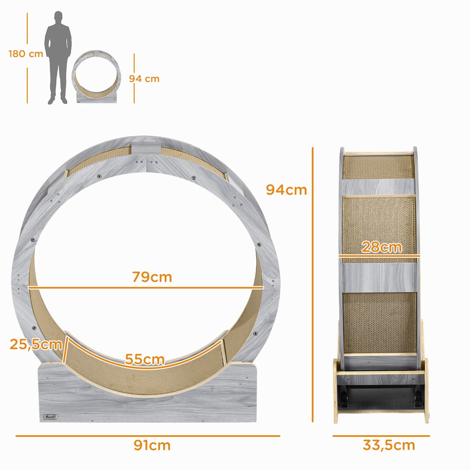 Roue d'exercice pour chat avec frein et planche à griffer, gris