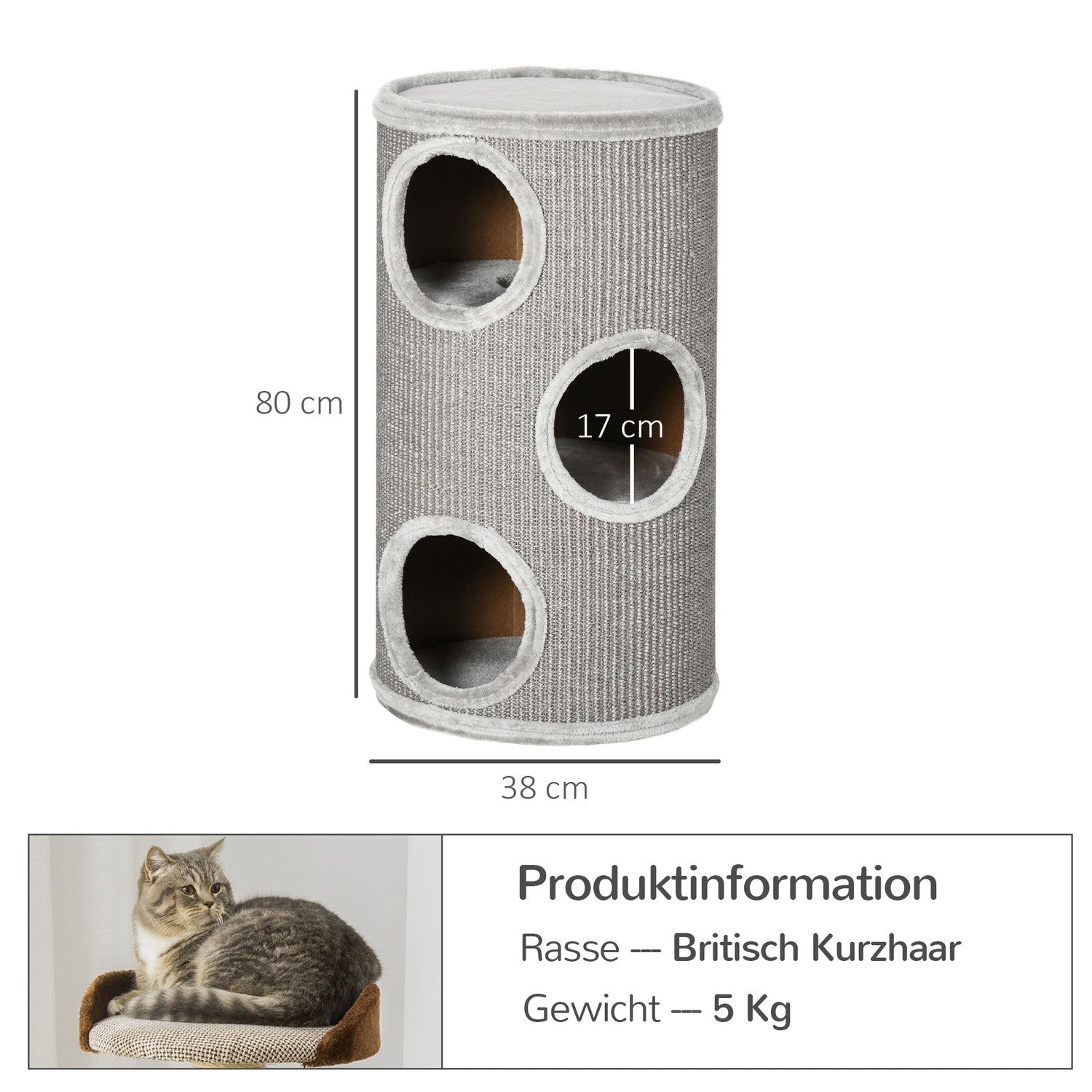 Griffoir tonneau pour chat en sisal & peluche, 3 grottes, gris clair