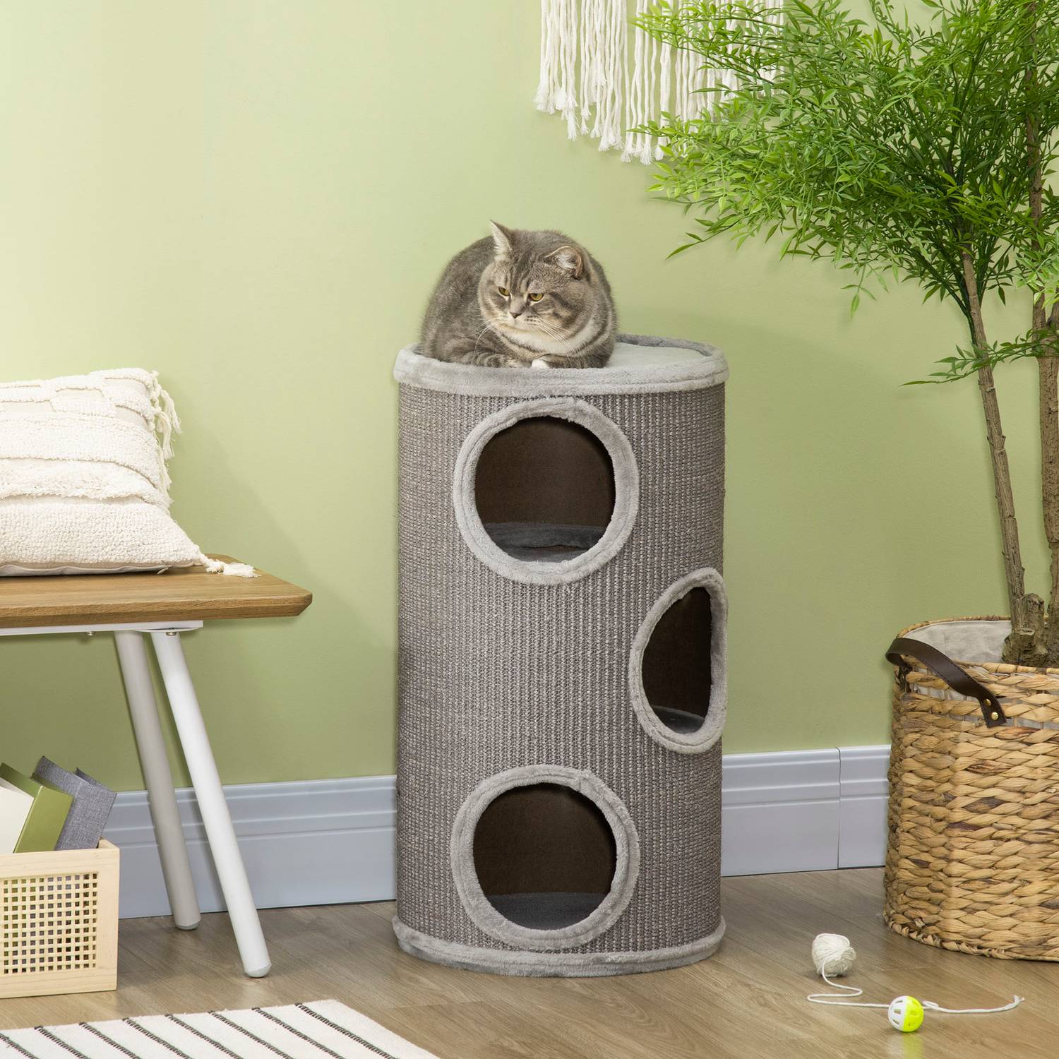 Griffoir tonneau pour chat en sisal & peluche, 3 grottes, gris clair