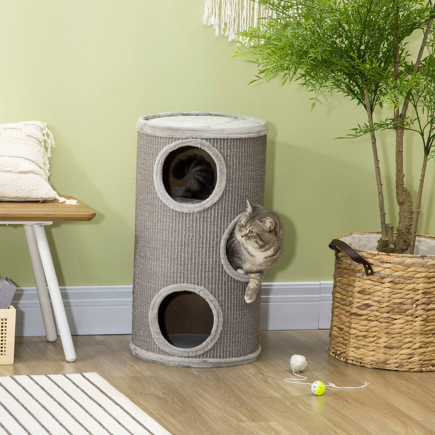 Griffoir tonneau pour chat en sisal & peluche, 3 grottes, gris clair