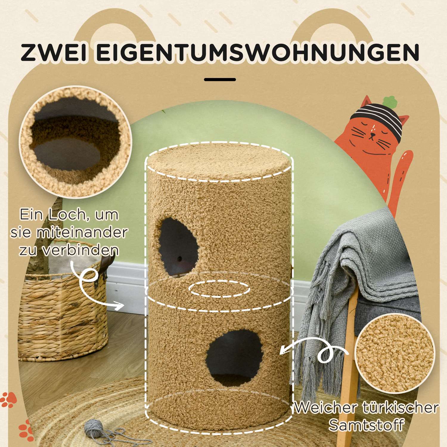 Krabpaal met grotten en plateau, lichtbruin, 66cm