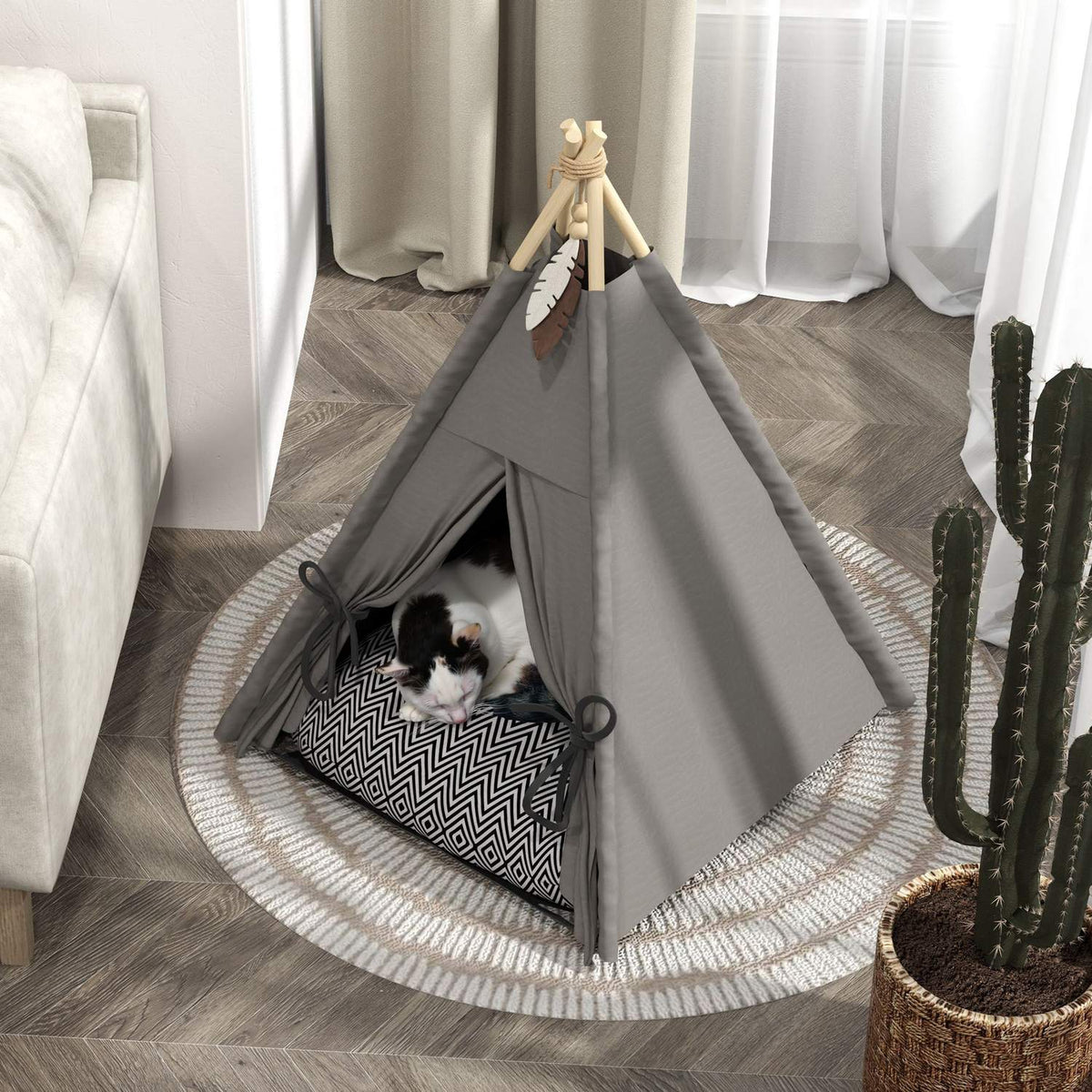 Kattentipi-tent, wasbare kussens, grijs, huisdieren onder 5 kg