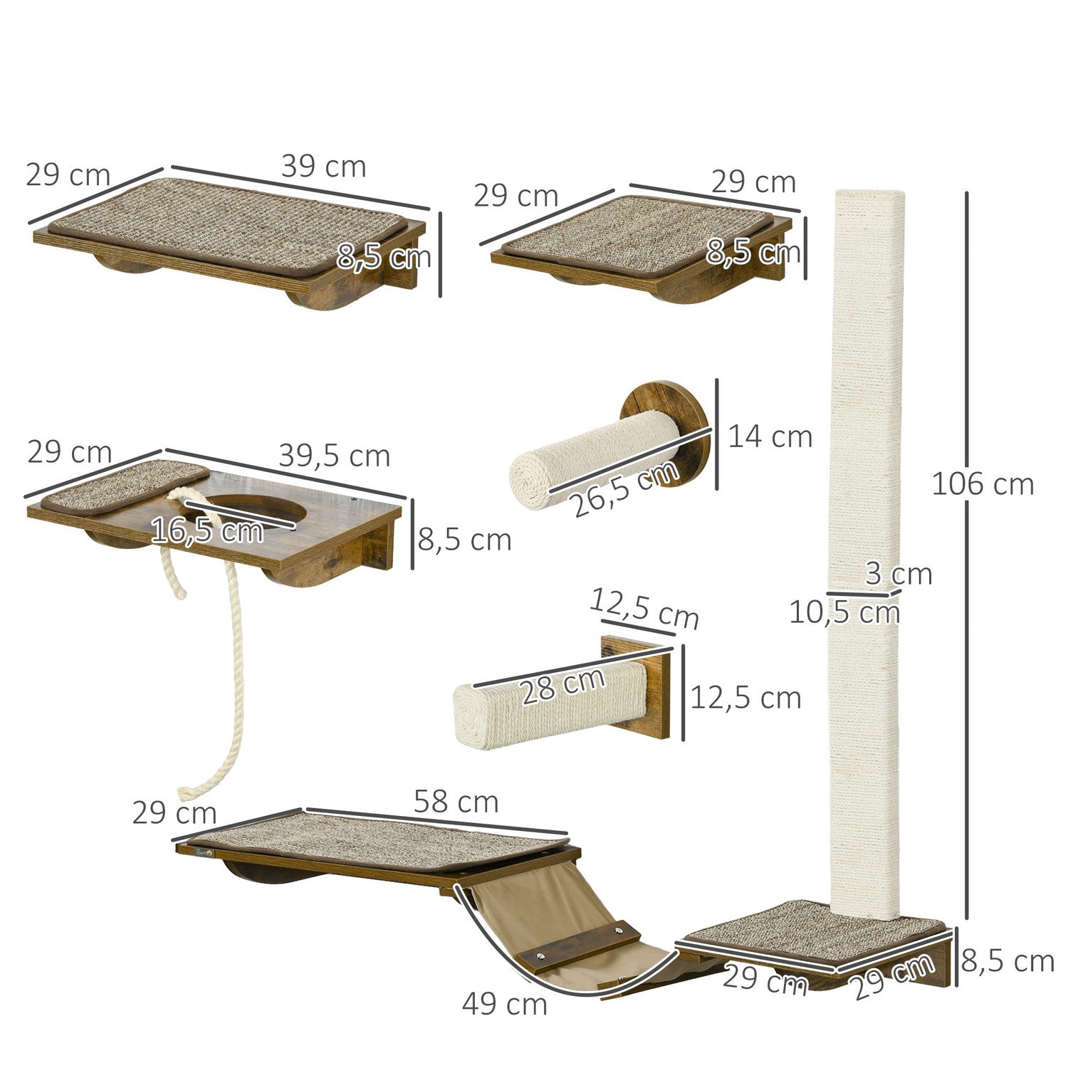 Set parete da arrampicata per gatti, mobile 8 pezzi con tiragraffi in sisal