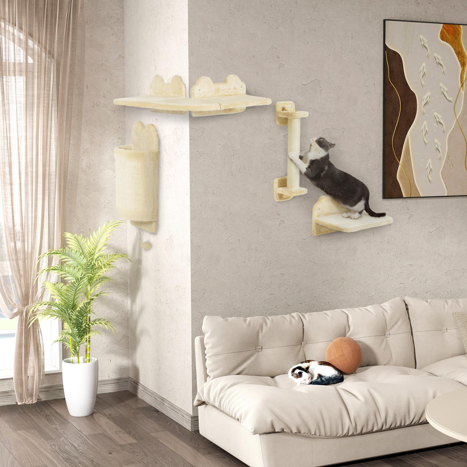 Kattenklimwandsset, 4-delig pluchen meubel, beige