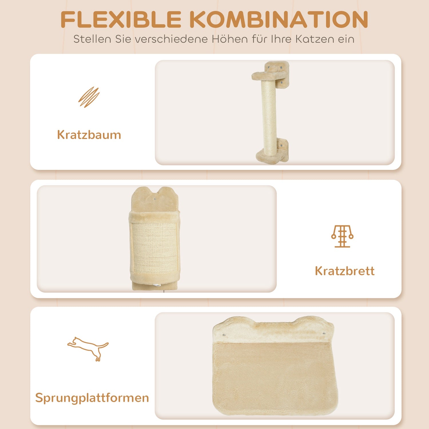 Kattenklimwandsset, 4-delig pluchen meubel, beige