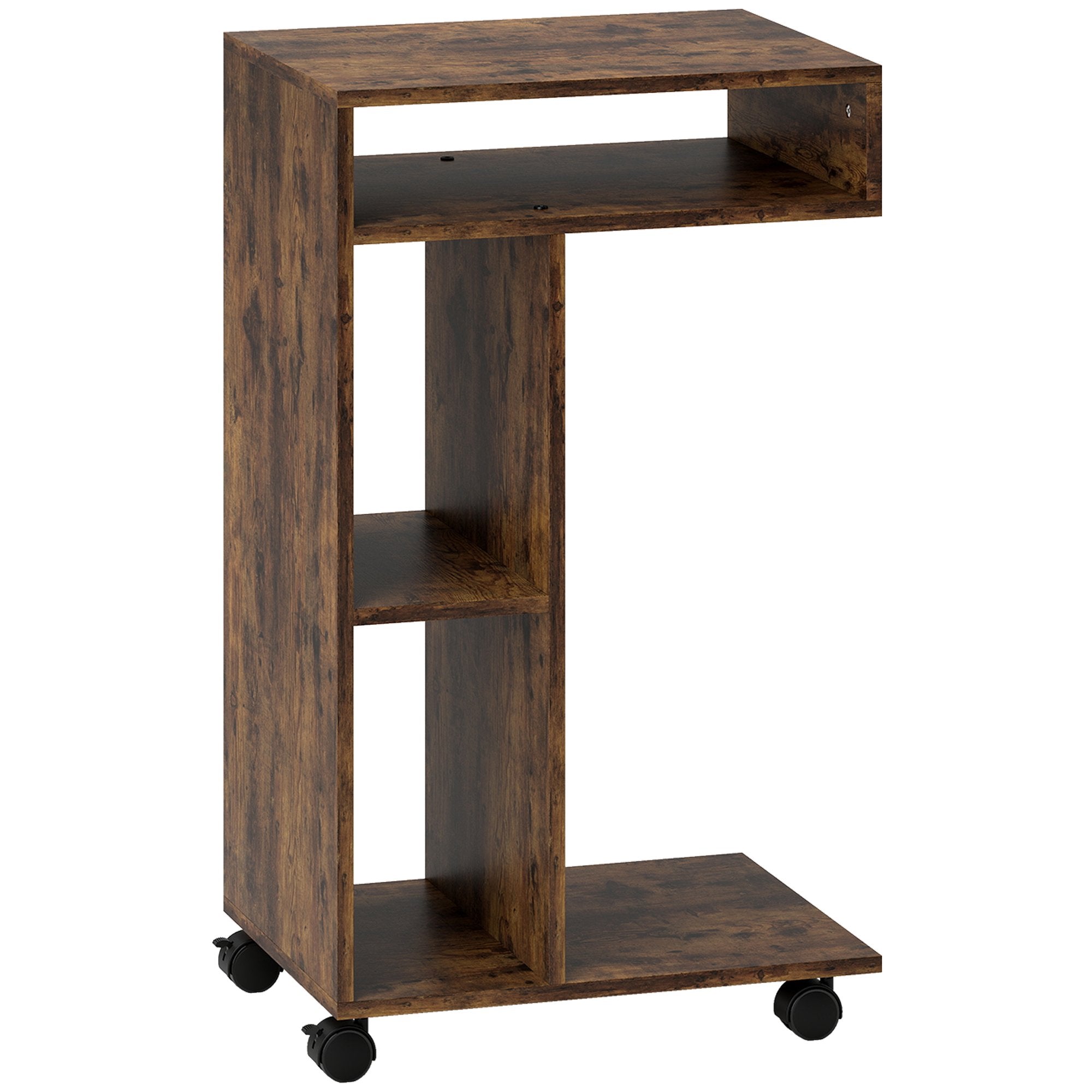 C-format sidobord med hjul, 3 hyllor, rustik brun
