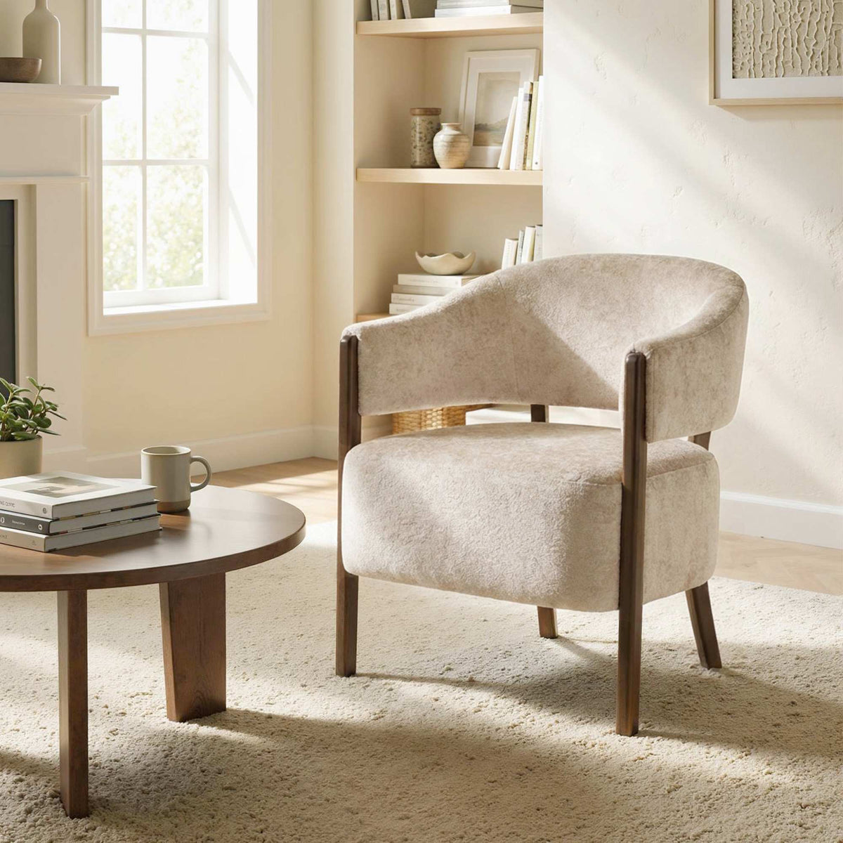 Chenillefåtölj med massiv träram, beige