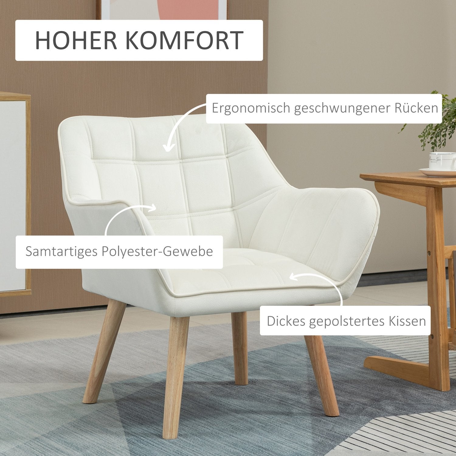 Roomwitte Fluweellook Fauteuil, verhoogde poten, 64x62x72,5 cm