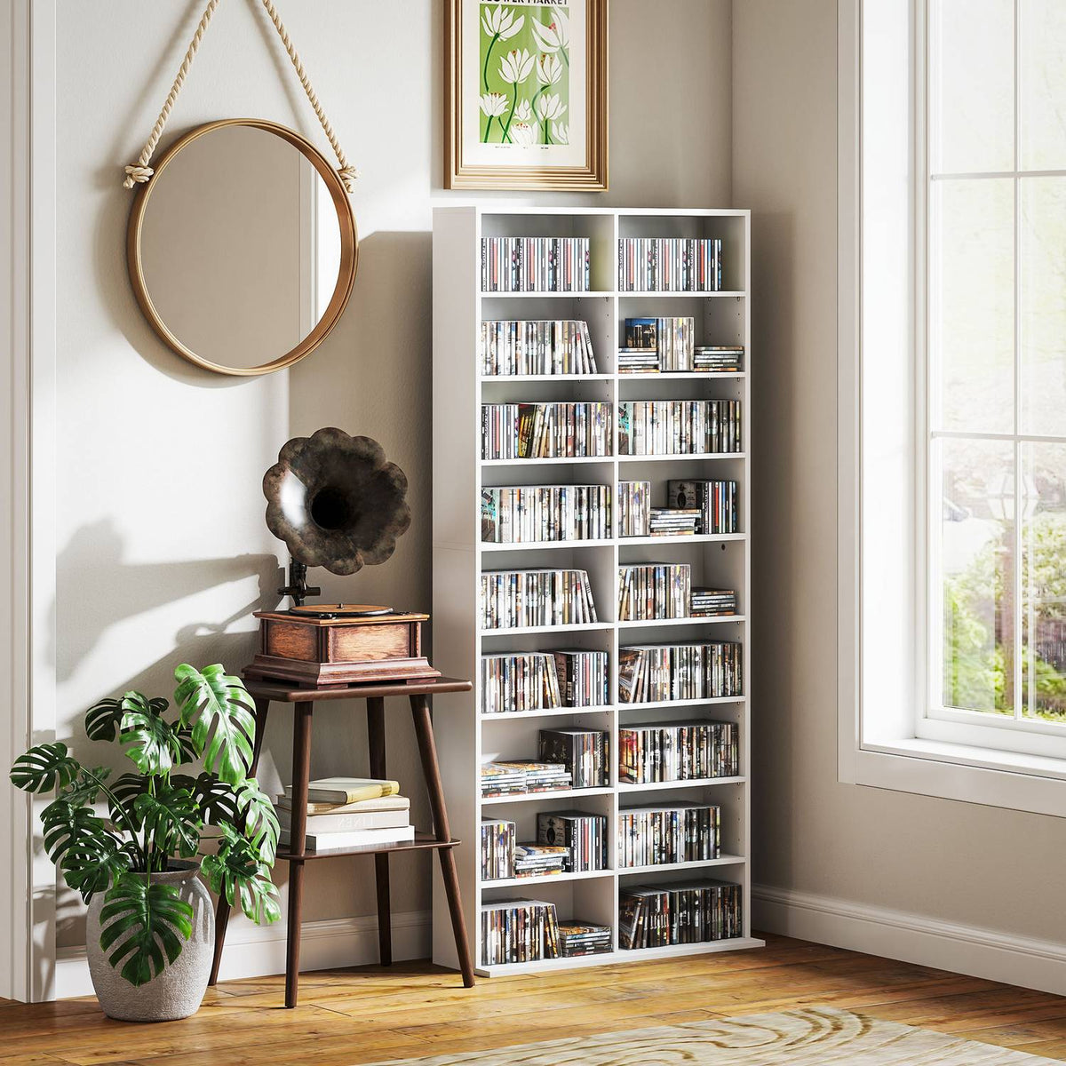 DVD-kast, cd-opbergrek, 14 verstelbare planken, 18 vakken, 175 cm, Blu-ray-kast, spaanplaat, wit