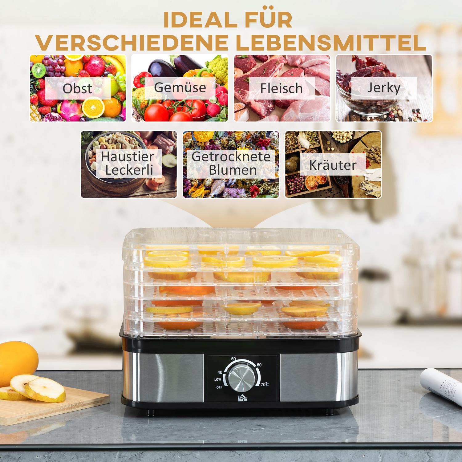 Voedseldroger met timer en temperatuurregeling, 5 lagen, roestvrij staal