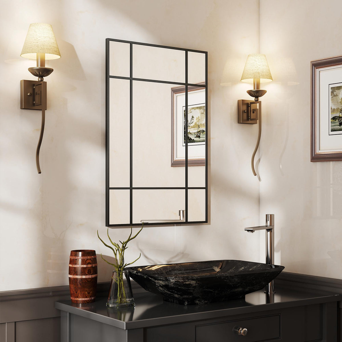 Decoratieve wandspiegel, zwart metalen frame, 90x60 cm