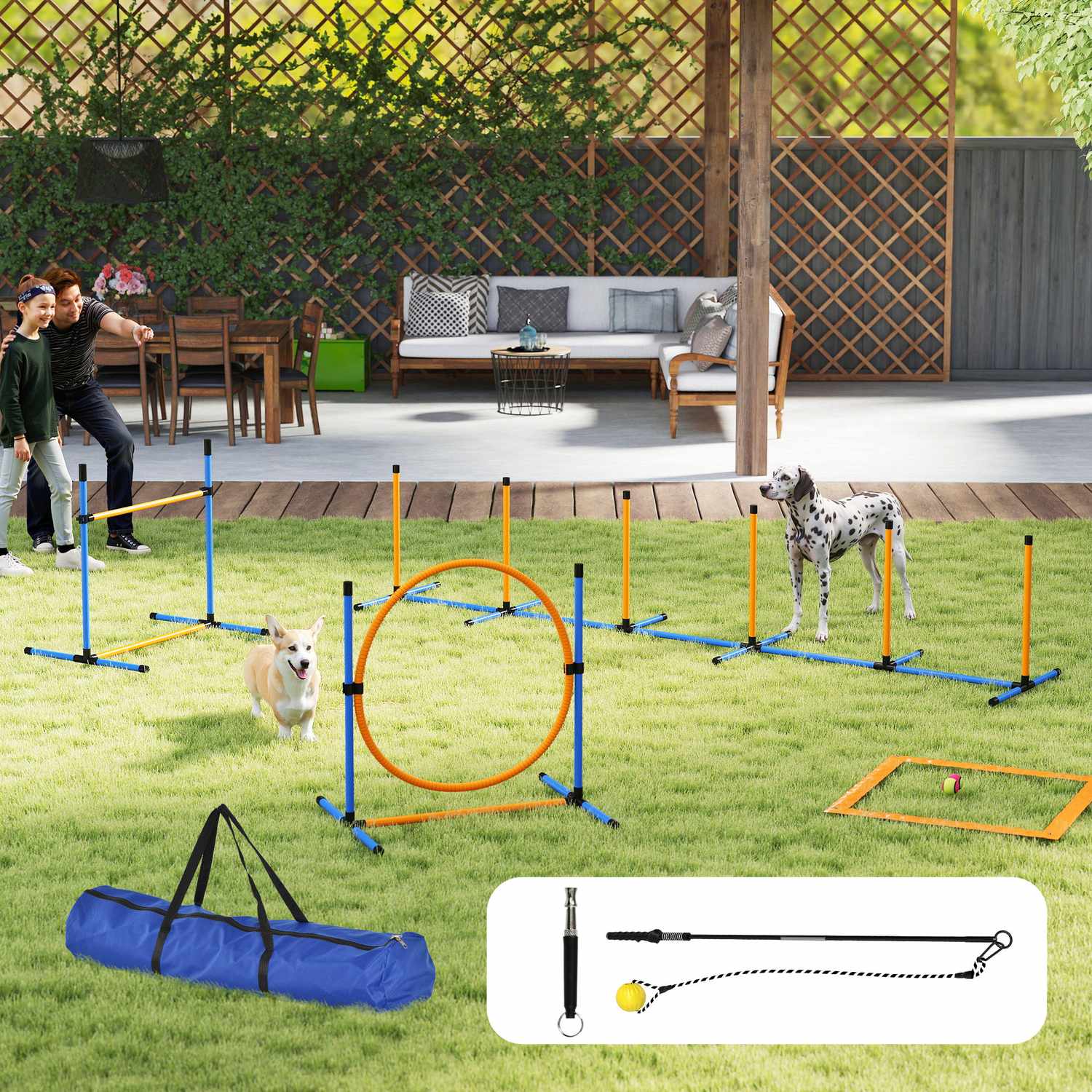 Dog Agility Set, justerbara häckar & slalomstavar, 9 delar