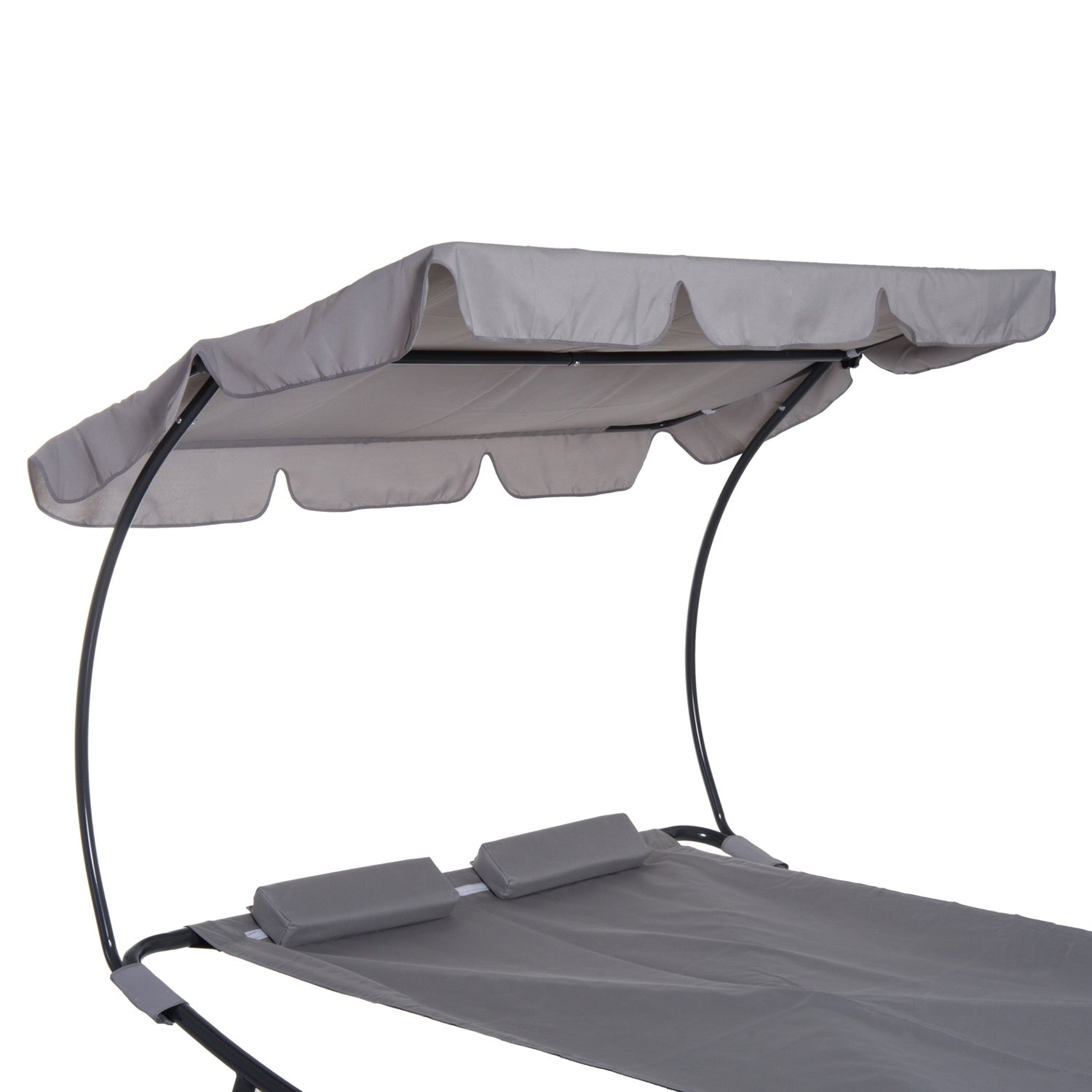 Dubbele ligstoel van grijs staal met oprolbaar dak, 200x170x134cm