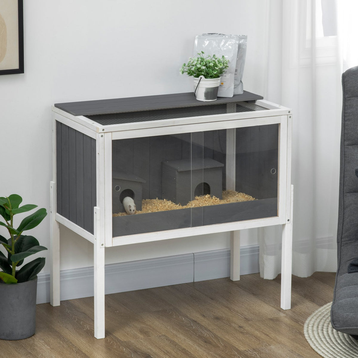 Dwerghamsterkooi van hout met huisjes en accessoires, 82 cm
