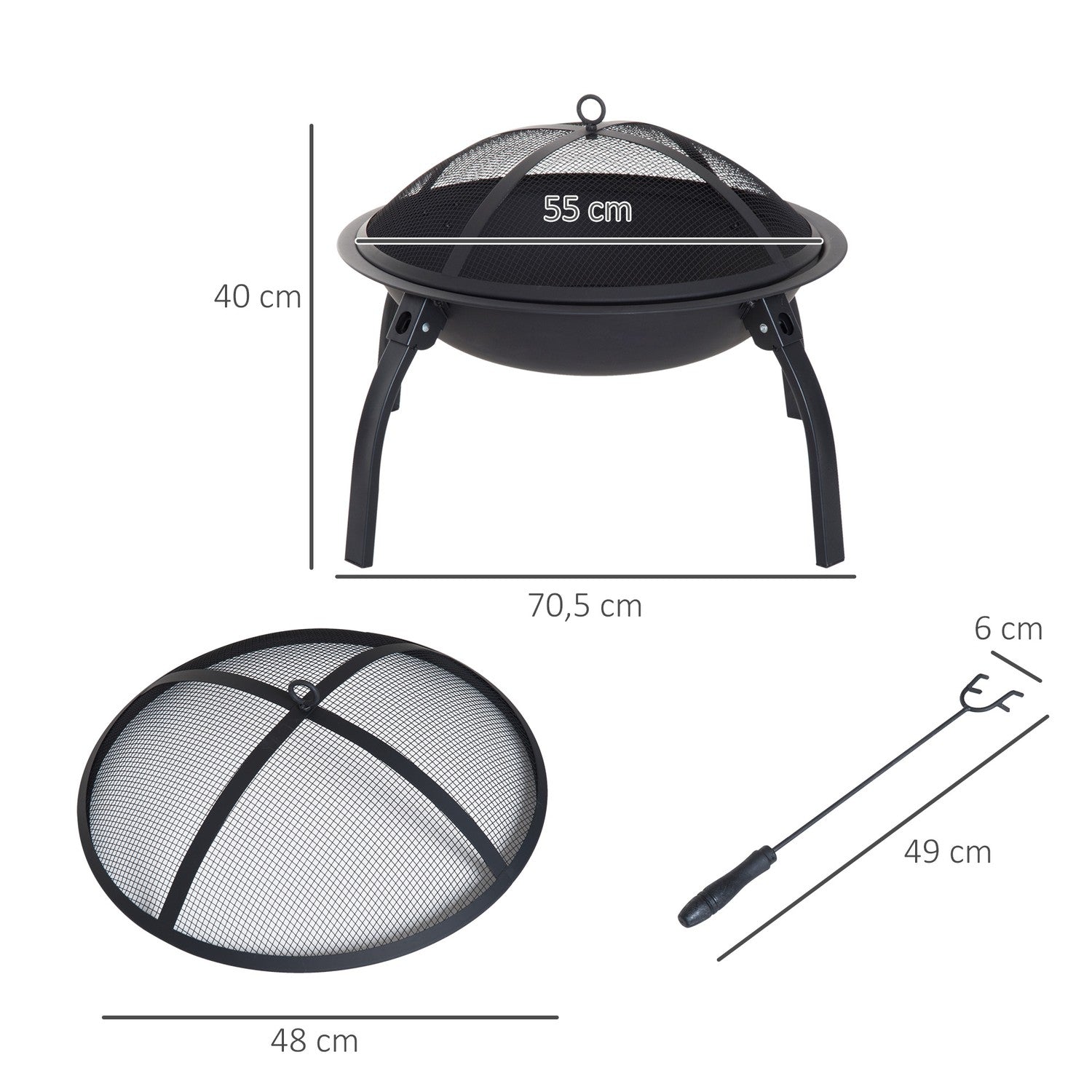 Vuurkorf met inklapbaar vonkenscherm, zwart, 55 cm