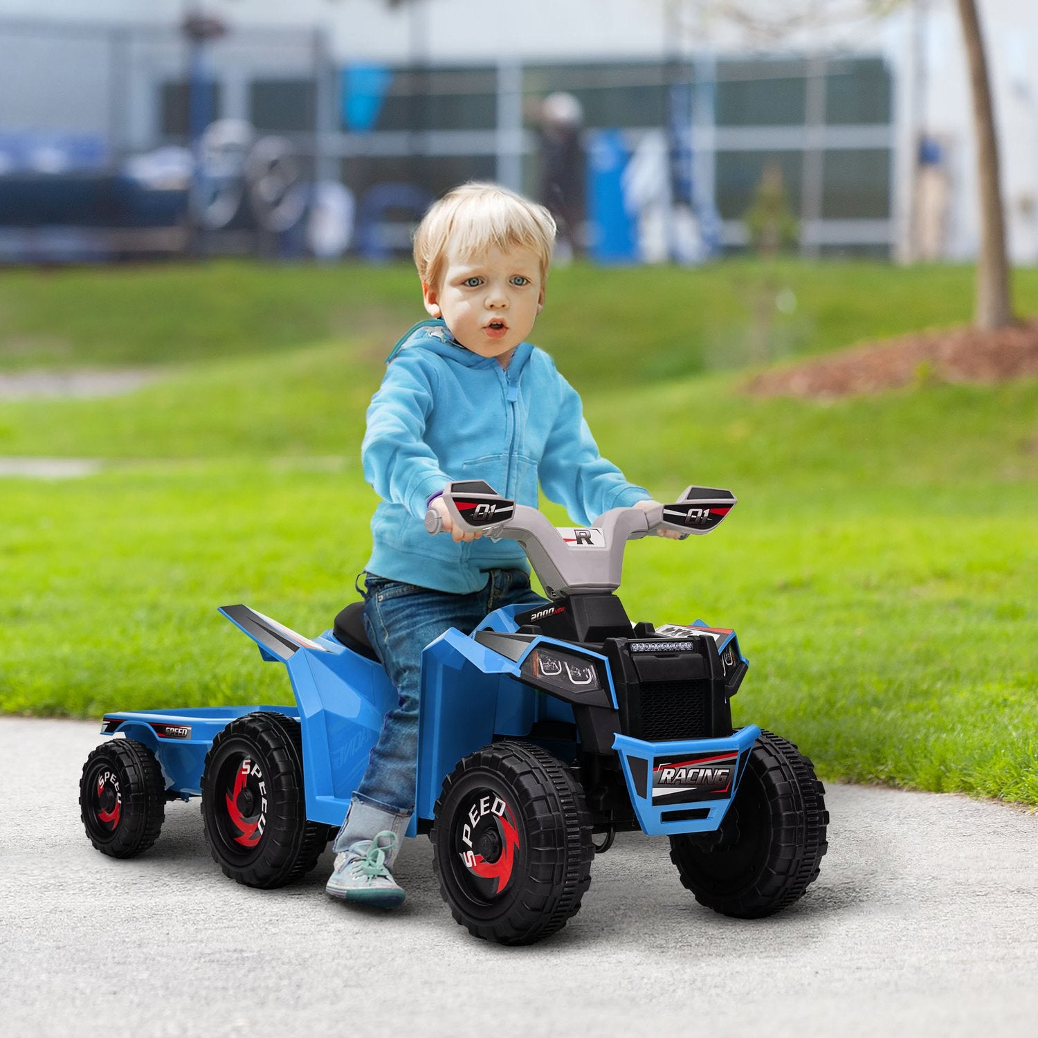 Elektrische kinderquad met aanhanger, 6V, blauw, 1,5-3 jaar