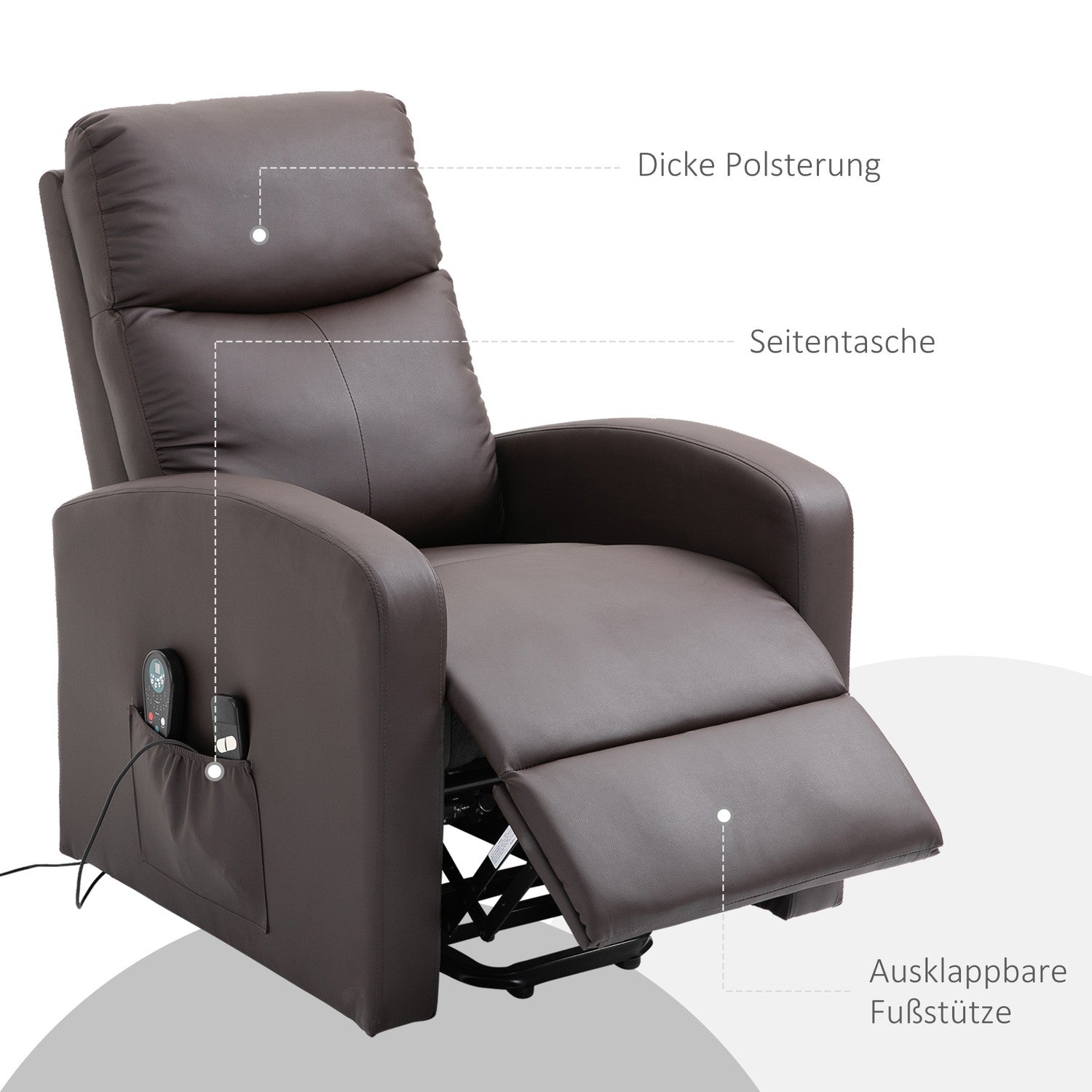 Elektrische massagestoel, liggend met sta-opondersteuning, bruin
