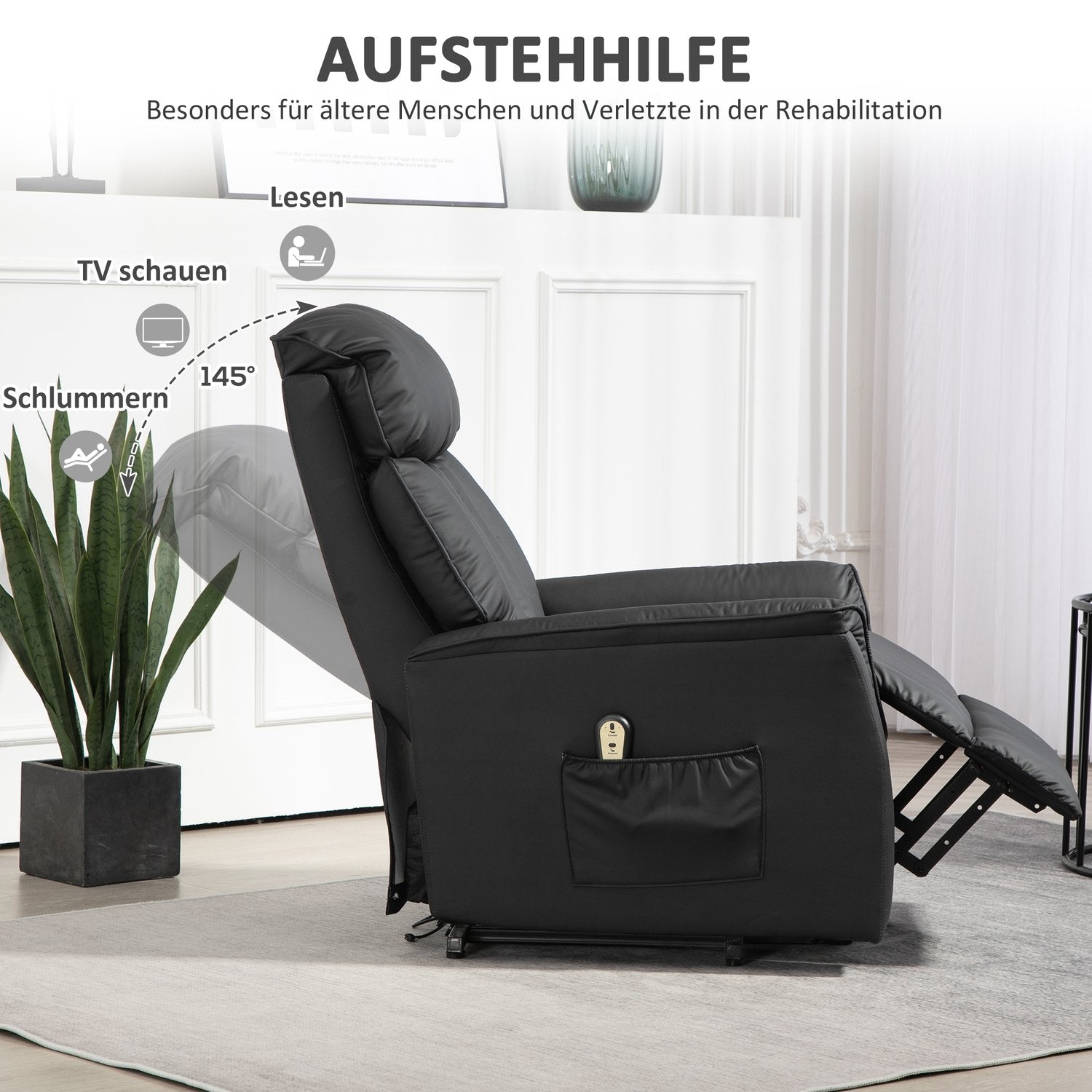 Elektrisk vilstol, TV-stol, fåtölj med ståhjälp, liggfunktion, konstläder, 80 x 94 x 104 cm, svart
