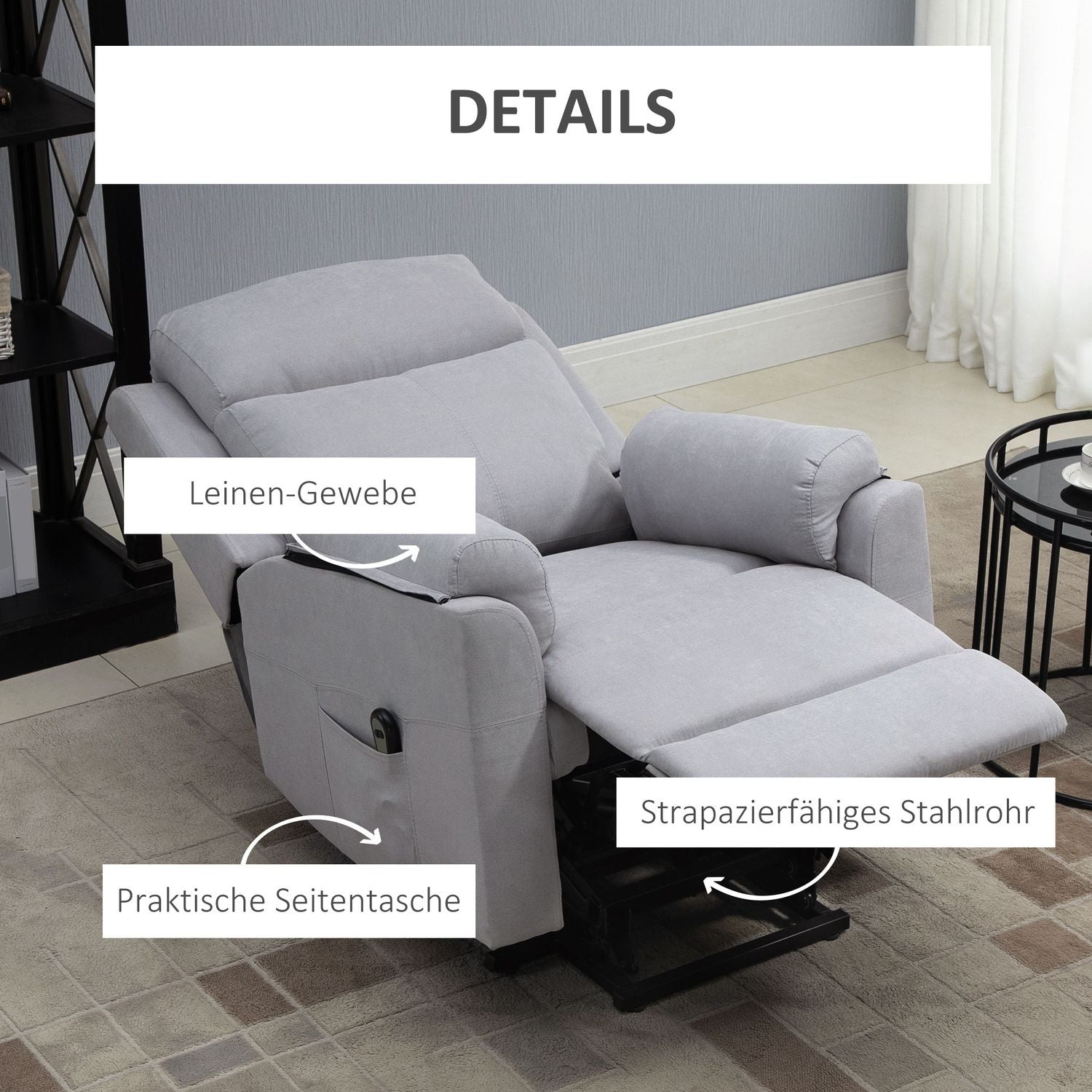 Elektrische relaxfauteuil voor senioren, sta-op functie, linnen grijs