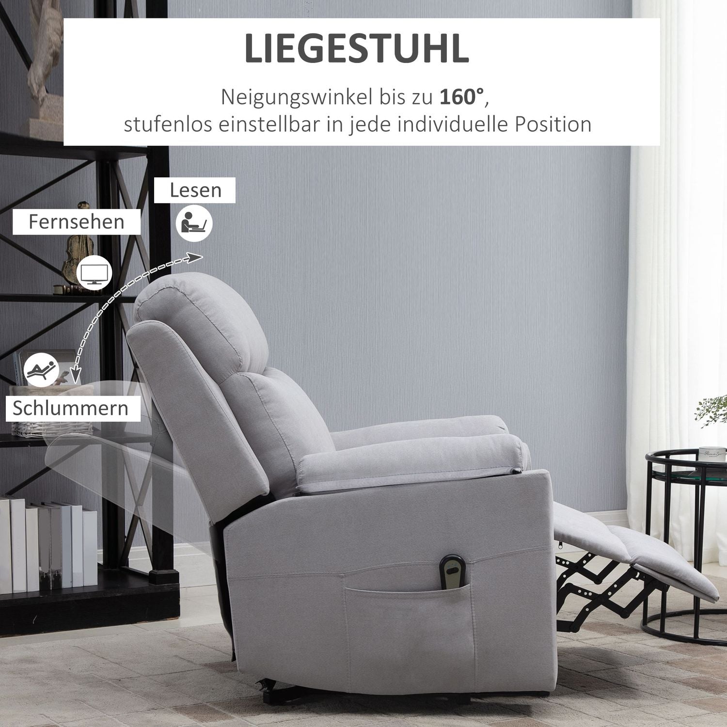 Elektrische relaxfauteuil voor senioren, sta-op functie, linnen grijs