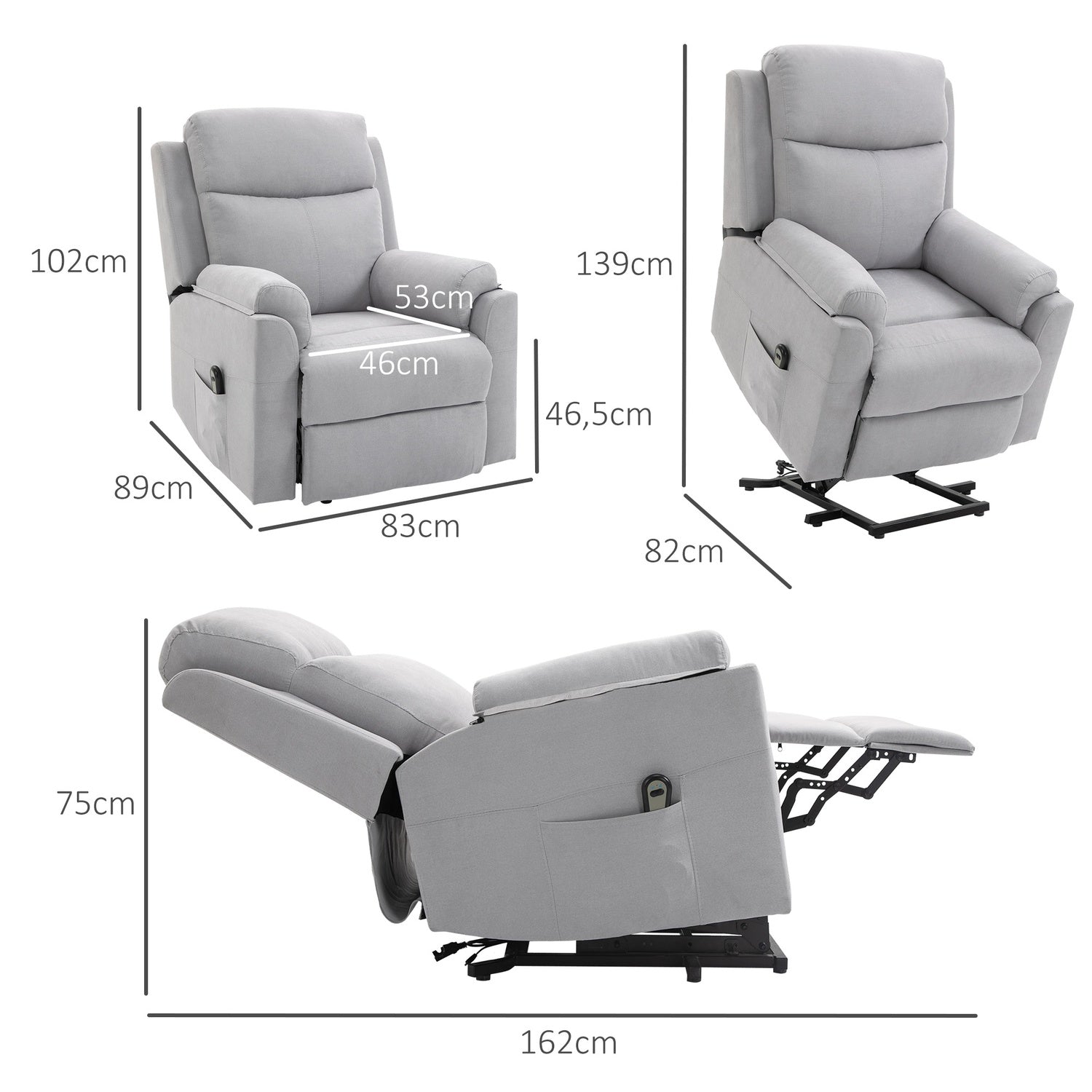 Elektrische relaxfauteuil voor senioren, sta-op functie, linnen grijs