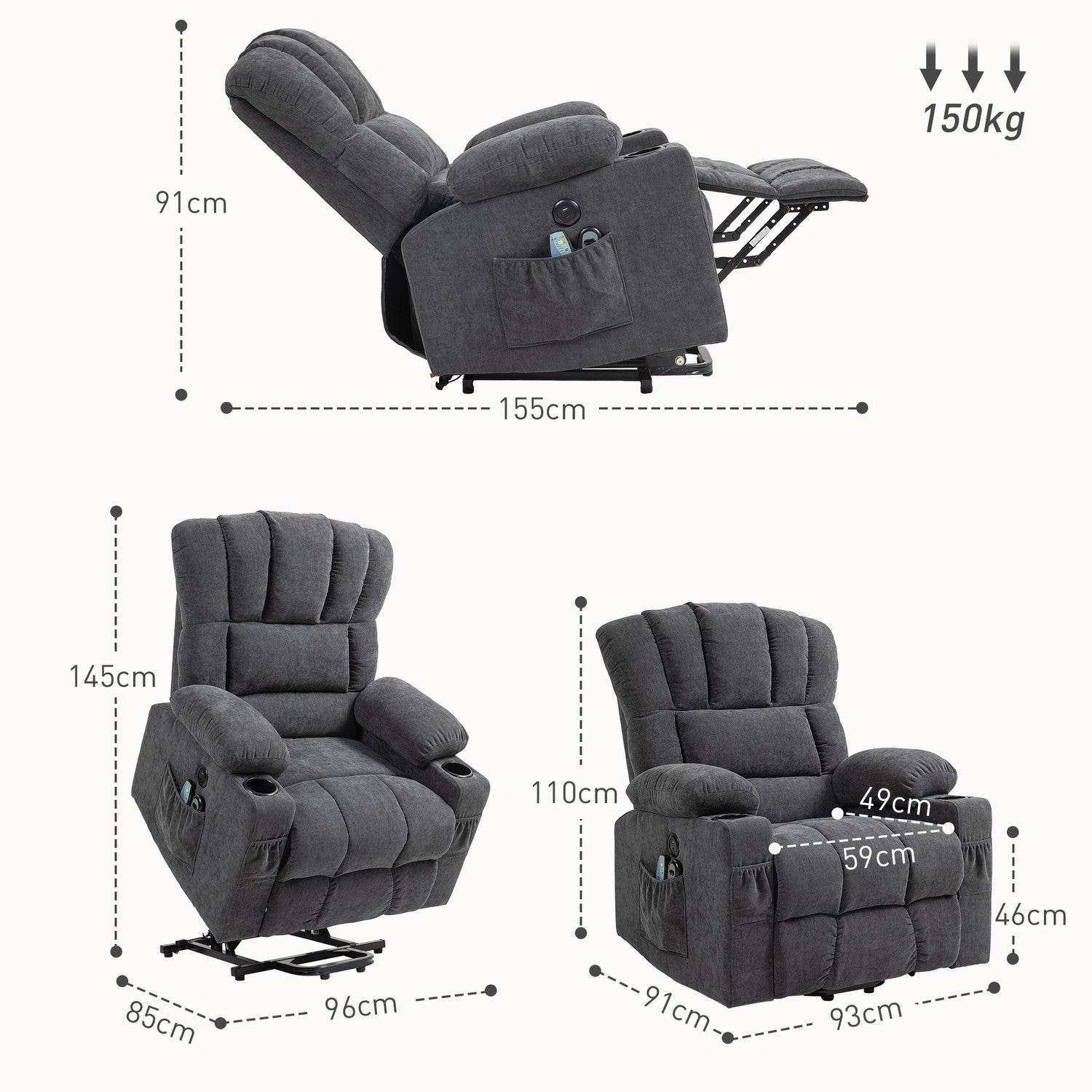 Chaise longue électrique – massage, chauffage, ports USB, gris foncé