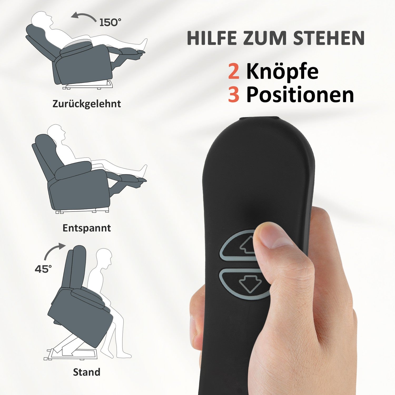 Elektrischer Relaxsessel mit Fernbedienung und Seitentasche, grauer Samt