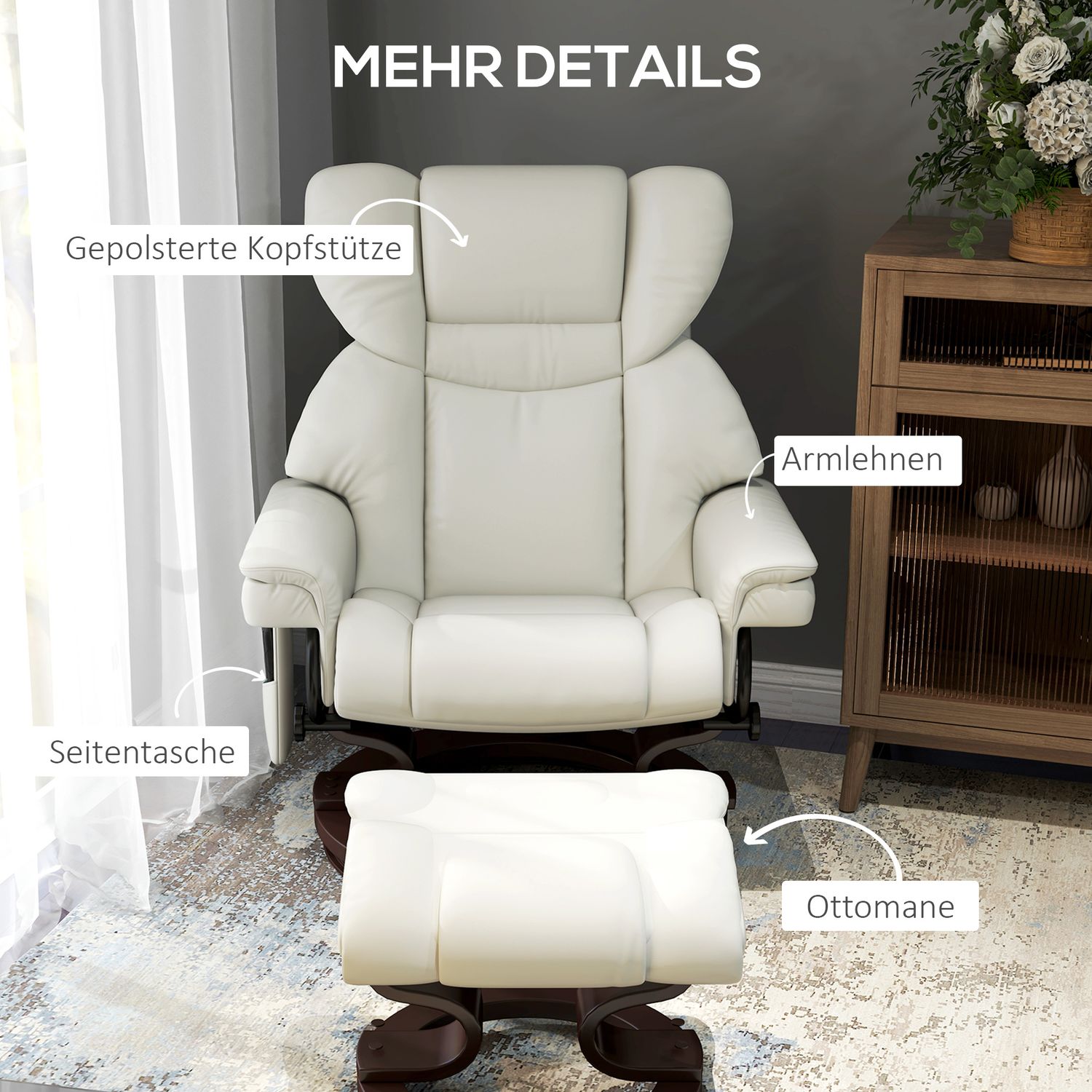 Elektrischer Relaxsessel mit Hocker, Kunstleder, creme