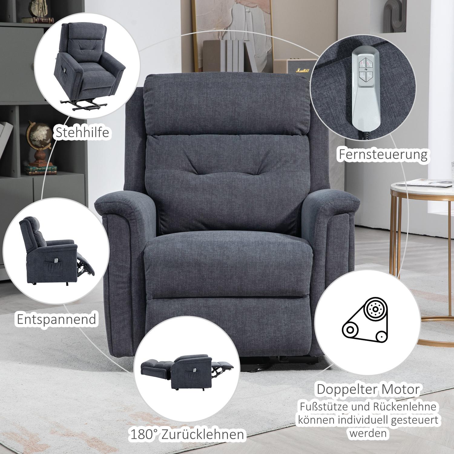 Elektrische relaxfauteuil, sta-op-hulp, afstandsbediening, donkergrijs